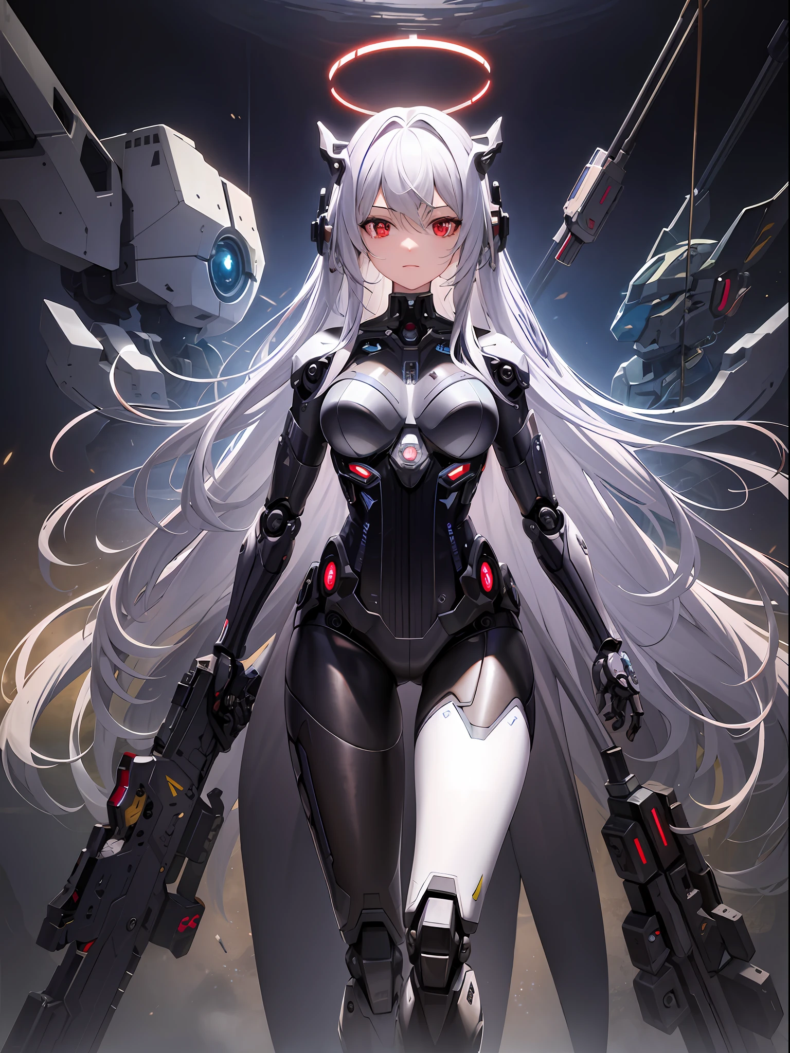 Masterpiece, best quality, super detailed, very detailed illustrations, very detailed, intricate details, high resolution, super complex details, very detailed 8k cg wallpaper, denim lens, caustics, reflections, ray tracing, demon theme, nebula, dark aura, network effects, (1girl:1.4), solo, alone, mecha musume, mechanical parts, robot joints, single mechanical arm, headgear, mechanical halo, star halo, electric mechanical bodysuit, mecha corset, kimono, full armor, very long hair, white hair, hair between the eyes, multicolored hair, colored inner hair, red eyes, glowing eyes, eye tracks, random expressions, random actions, cyberpunk,