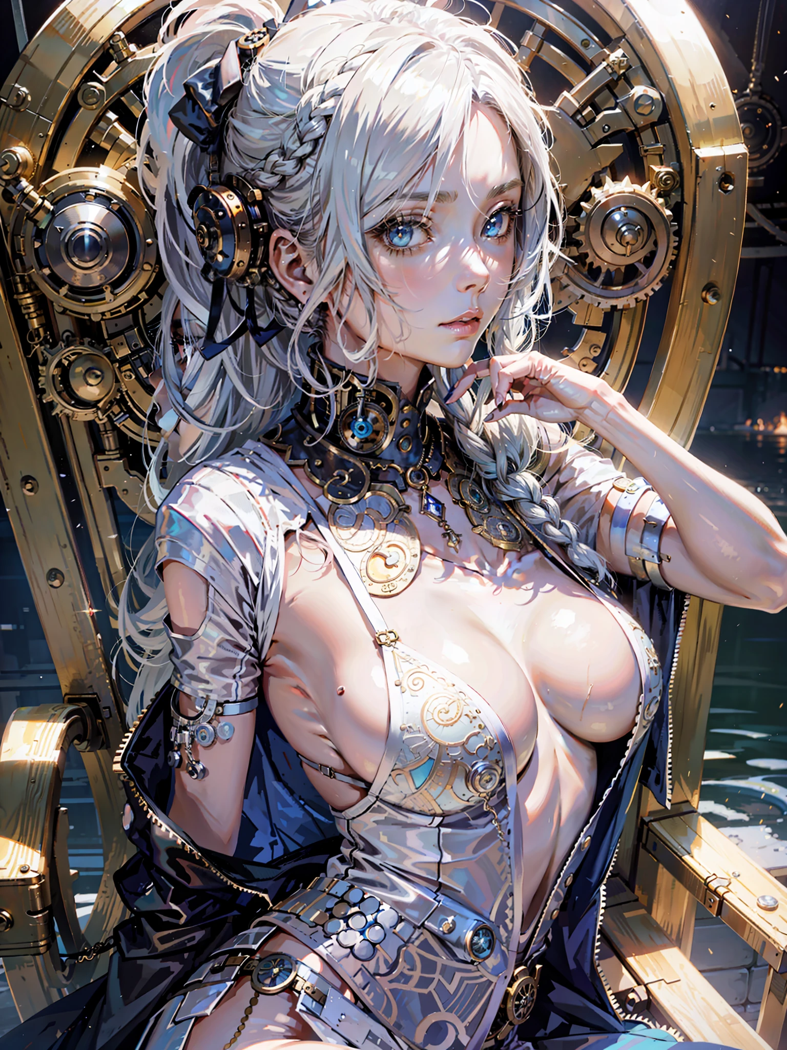 (((steampunk,)))anime, (masterpiece, sidelighting, finely detailed beautiful eyes: 1.5), masterpiece*portrait, realistic, 3d face, best quality, ambient light, 1girl, facing viewer, looking at viewer, upper body, medium breasts,  lustrous skin, bronze skin, wet skin, long hair, white hair, high ponytail, glowing eyes, shiny hair, braid hair, blue eyes , hair over one eye, slip dress, lotus flower, clear lake,