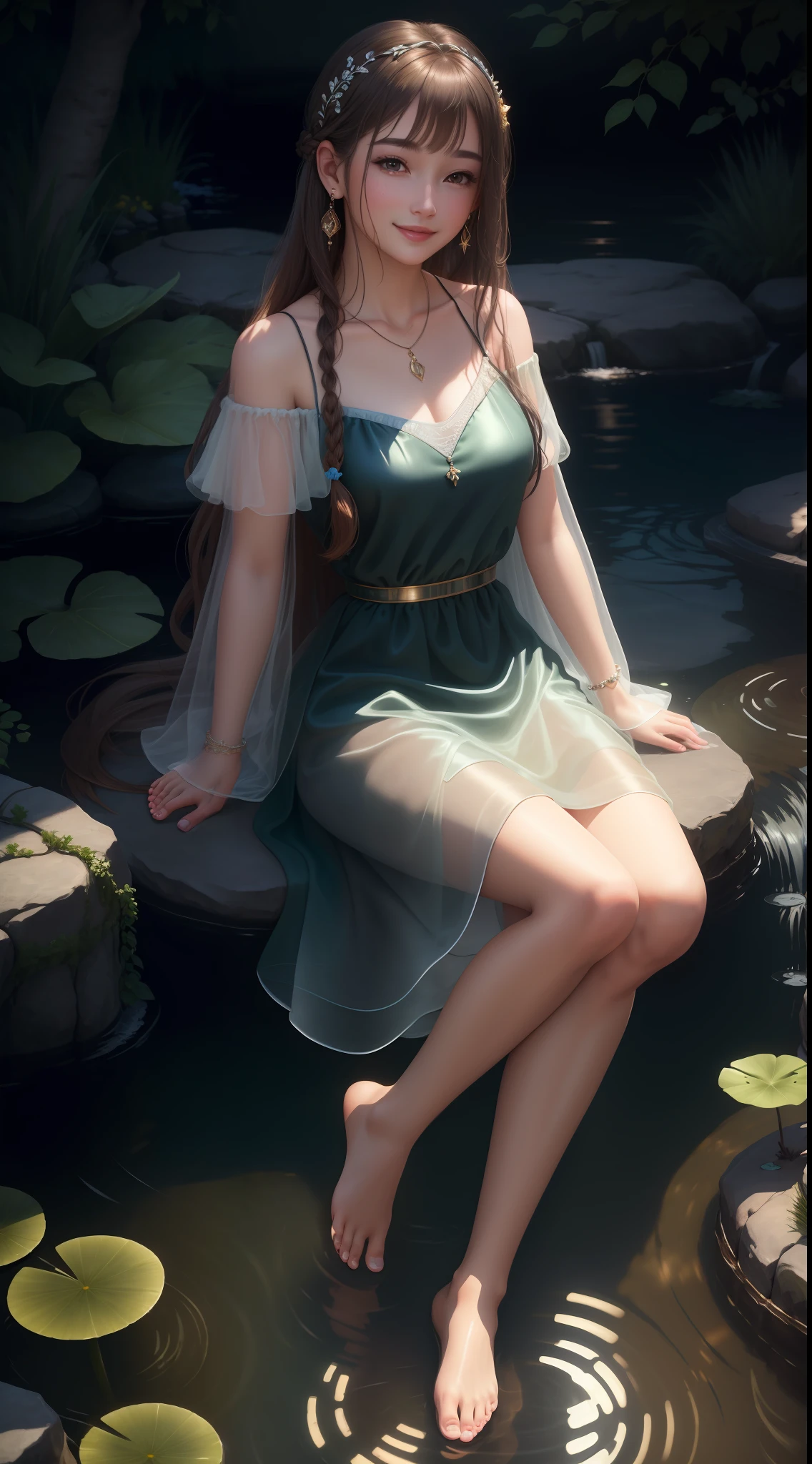 Best quality, masterpiece, high resolution, 1girl, transparent silk dress, beautiful face, hair accessories, sitting by the pond to wash your feet, one foot splashing, girl naughty smile, hair accessories, necklaces, jewelry, long hair, earrings, rounded feet, perfect toes, Tyndall effect, realism, dark studio, edge lighting, two-tone lighting, (high detail skin: 1.2), soft light, high quality, volumetric lighting, high resolution, 8k, background bokeh
