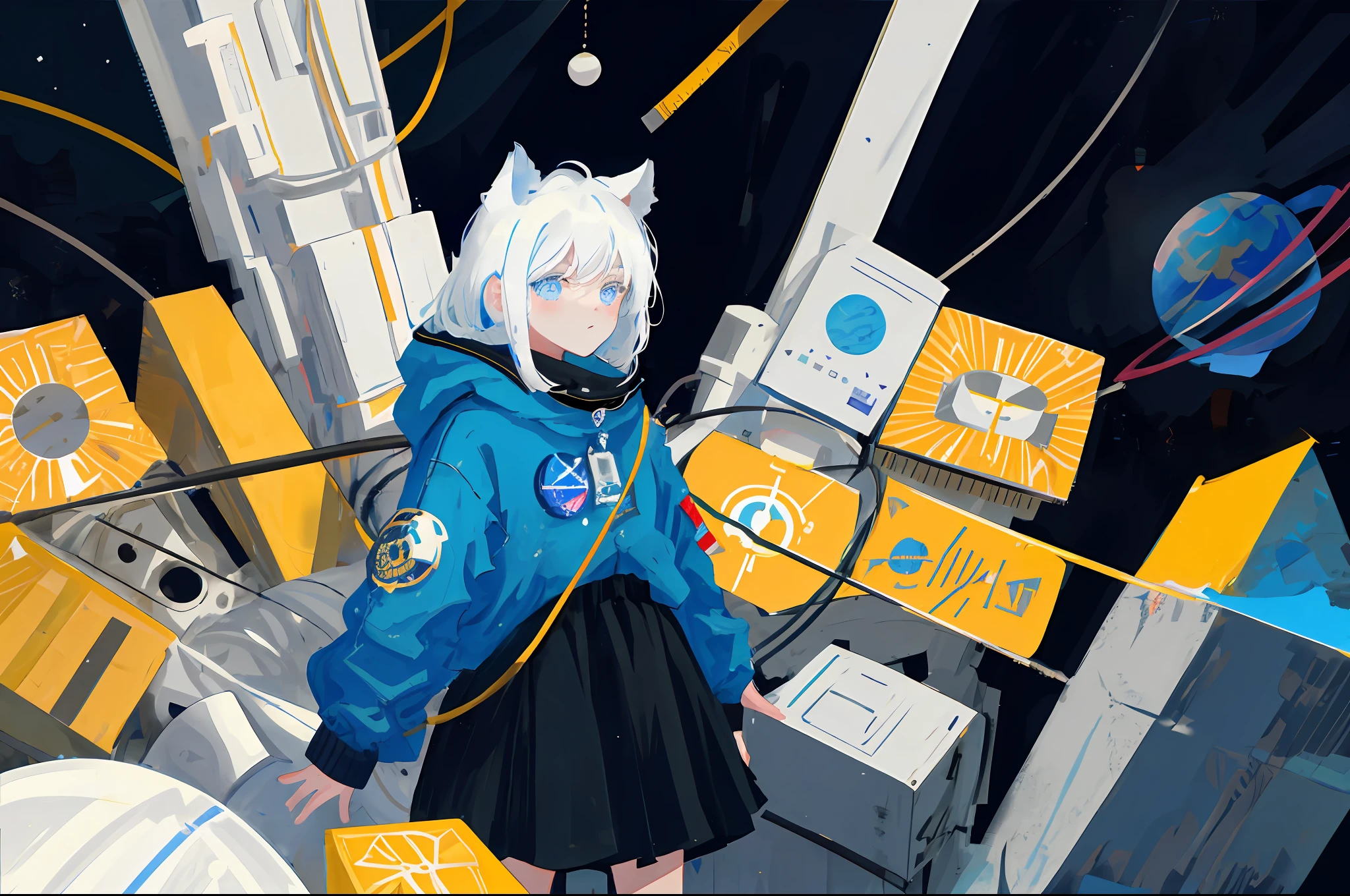 1girl, solo, outer space, giant planet, earth, universe, astronaut, white hair, dark circles, small bow, cat ears, wire, tube,
