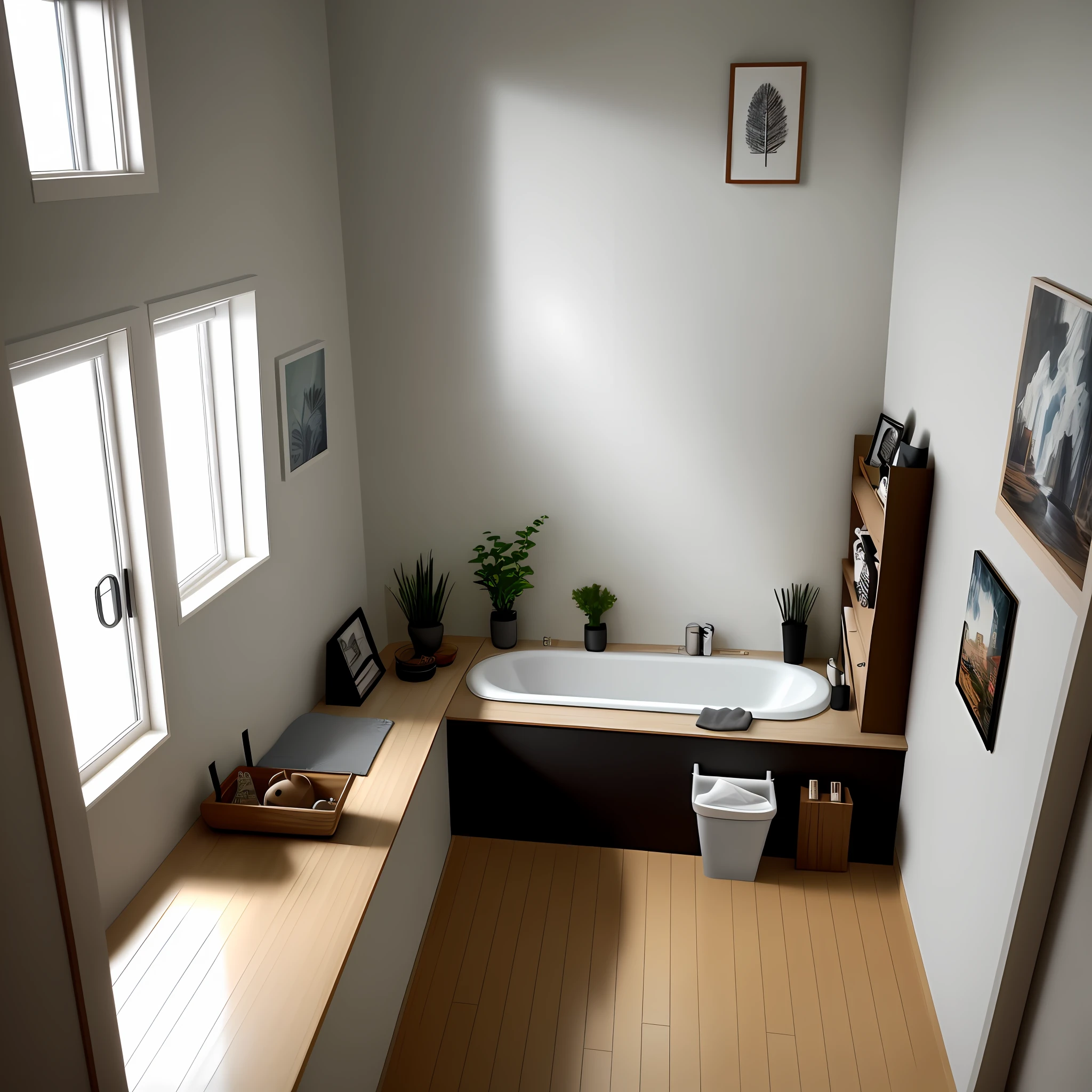 (Interior home: 1.2, modern decoration: 1.2, Realism: 1.2, Bathroom: 1.1), Sony lens, 1080p, biased warm light, angle can be changed, angle changeable, environment is more complicated, there are some realistic ornaments, but leave me a blank wall, background image.