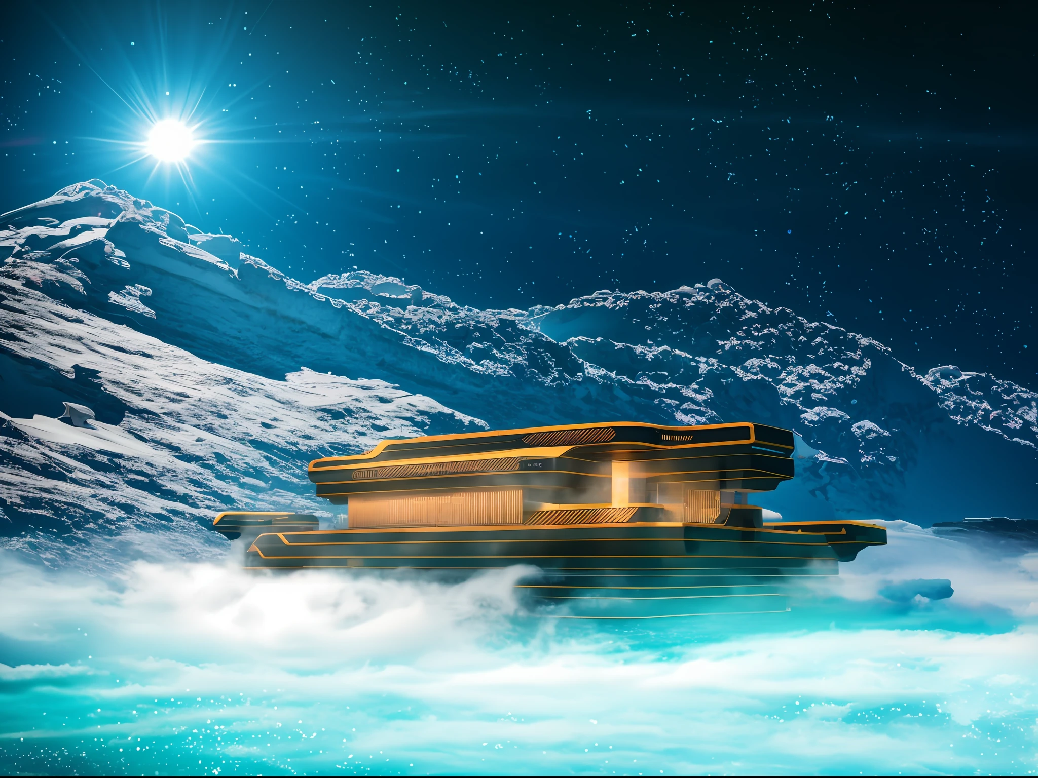 A render of a sci-fi palace on an ice planet, night, galaxy sky