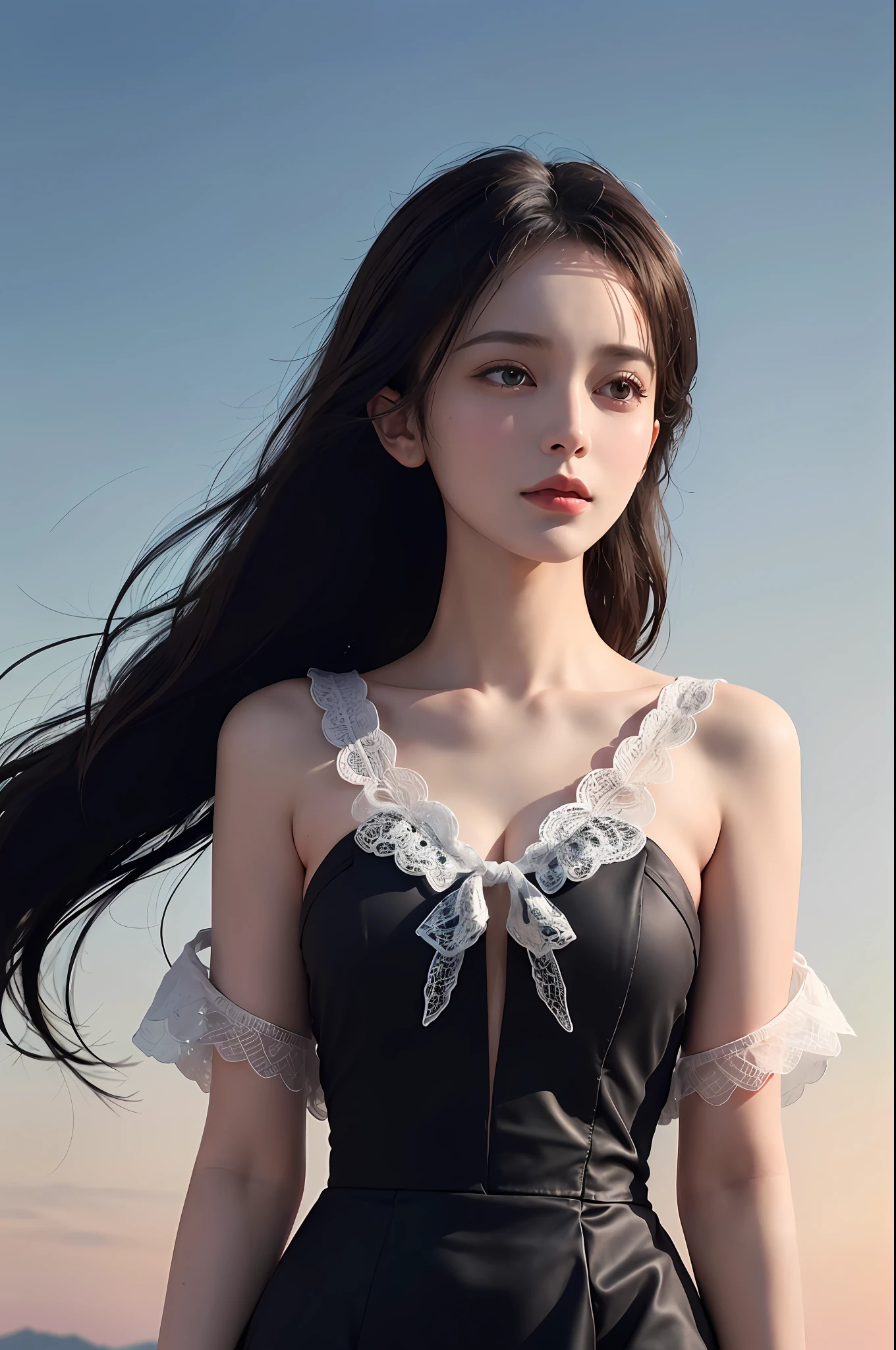 (Extremely detailed CG Unity 8k wallpaper, masterpiece, best quality, super detailed), (best lighting, best shadow, extremely delicate beauty), floating, [(1 girl), dynamic angle, (long black hair: 1.1) obsidian-like, gorgeous, (danphoenix eyes), (silky skin), (perfect curves), (charming collarbone), (perfect hands, hand repair) (flowing dress), slender figure, (seductive eyes): 0.8], [twilight, lakeside, An iridescent butterfly, (nature: 1.2), (breeze: 1.1), light passing through trees, (gentle touch of wind), (depth of field): 0.7]