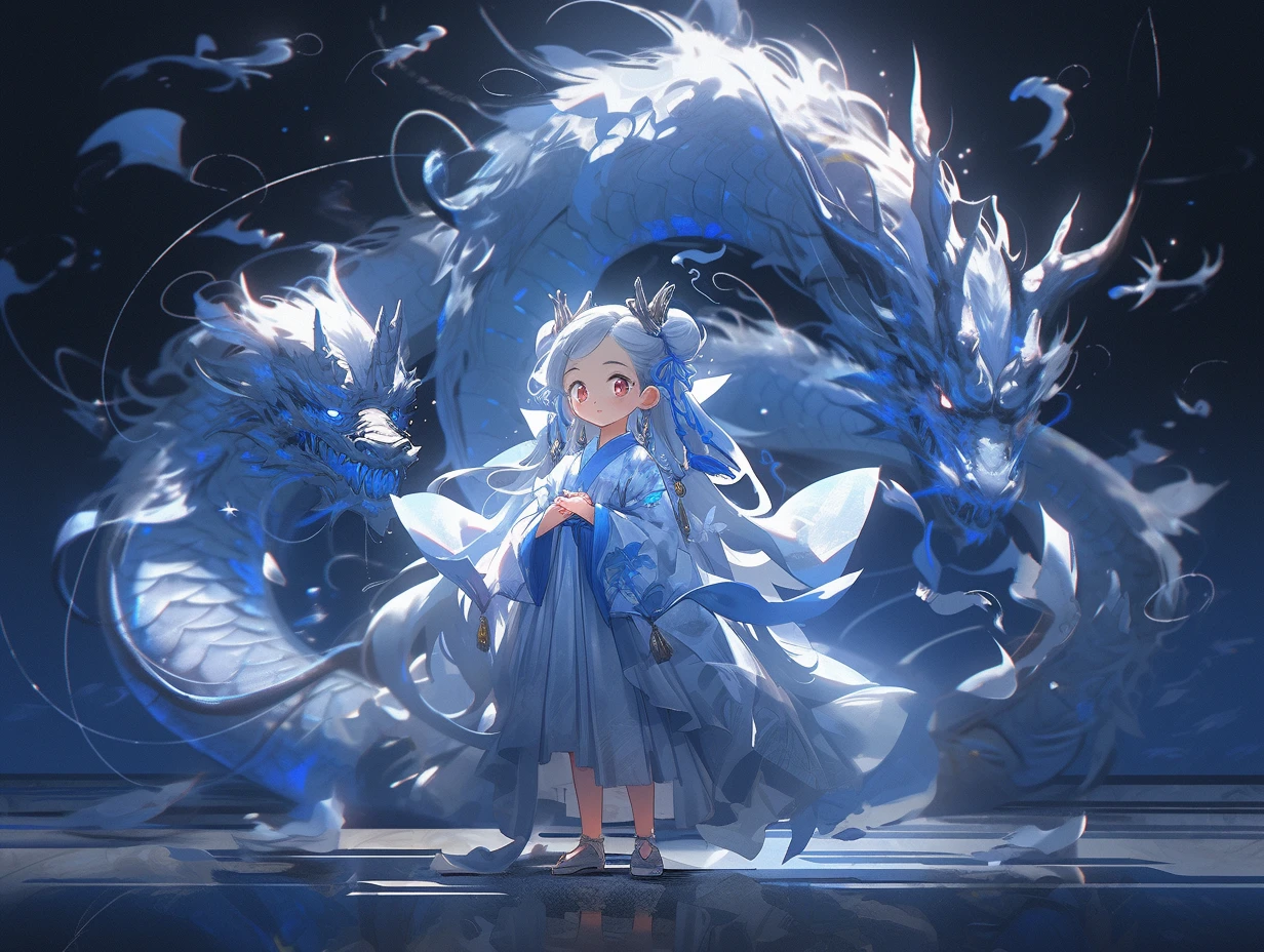 Chinese style, 3d Pixar character style, 3d, toys, tide play, ip, blind box, magic, whole body, cute girl, Hanfu, good smile, long hair, super clear, transparent material of three Chinese dragons, ice cube, drop reflected light, style prism + hibiscus, pure black background, particle, particle, blue light, Trend octane Render on art Workstation, 8K, HD, 3d, c4d, Blender --niji 5 --ar 4:3