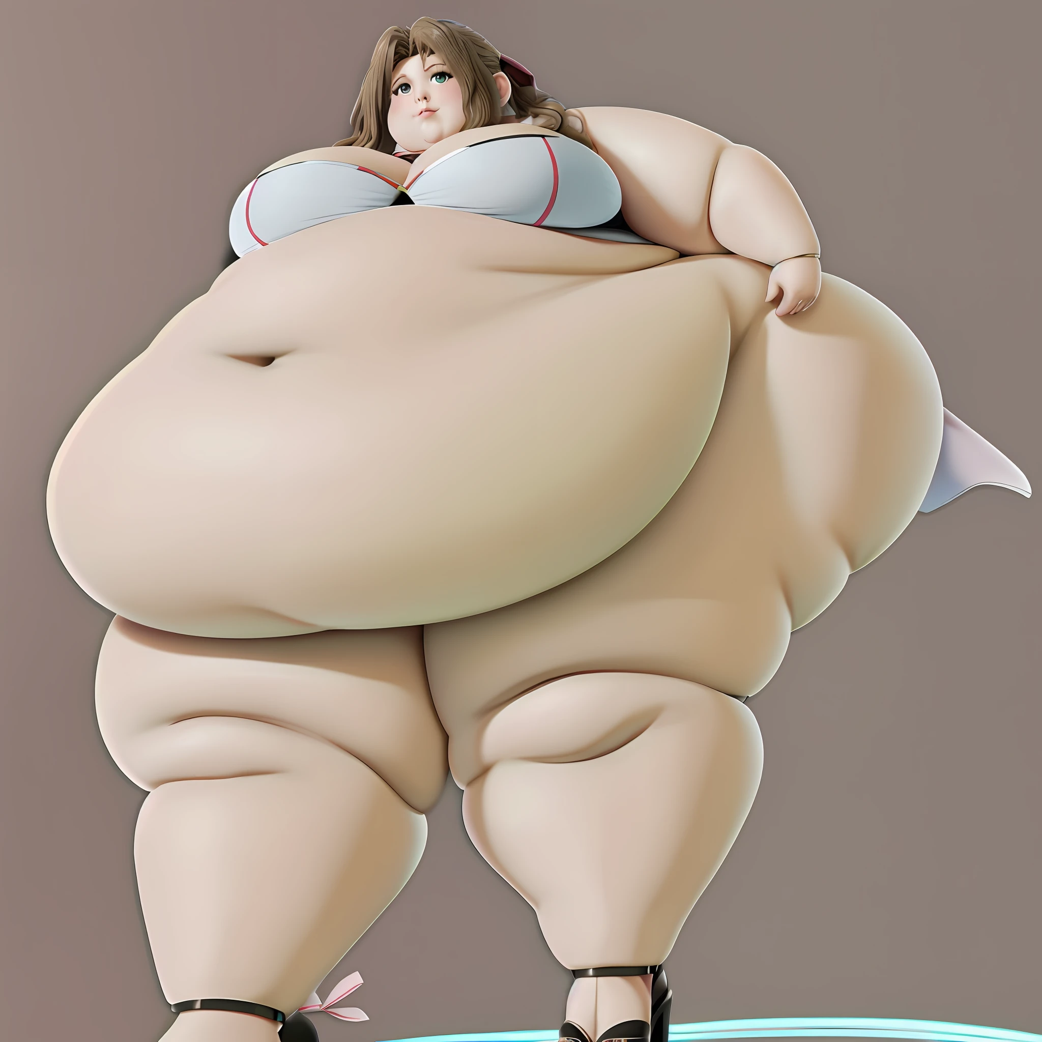 ssbbw, puffy and swealing body, beautiful and hot morbidly obese Aerith Gainsborough wearing Clear Strap Platform Stiletto Heeled Mule Sandals, Fashion Summer Heeled Sandals. fat rolls layering onto each other and hanging down over her clothes. belly protruding far out. stomach having 70 inches in diameter.