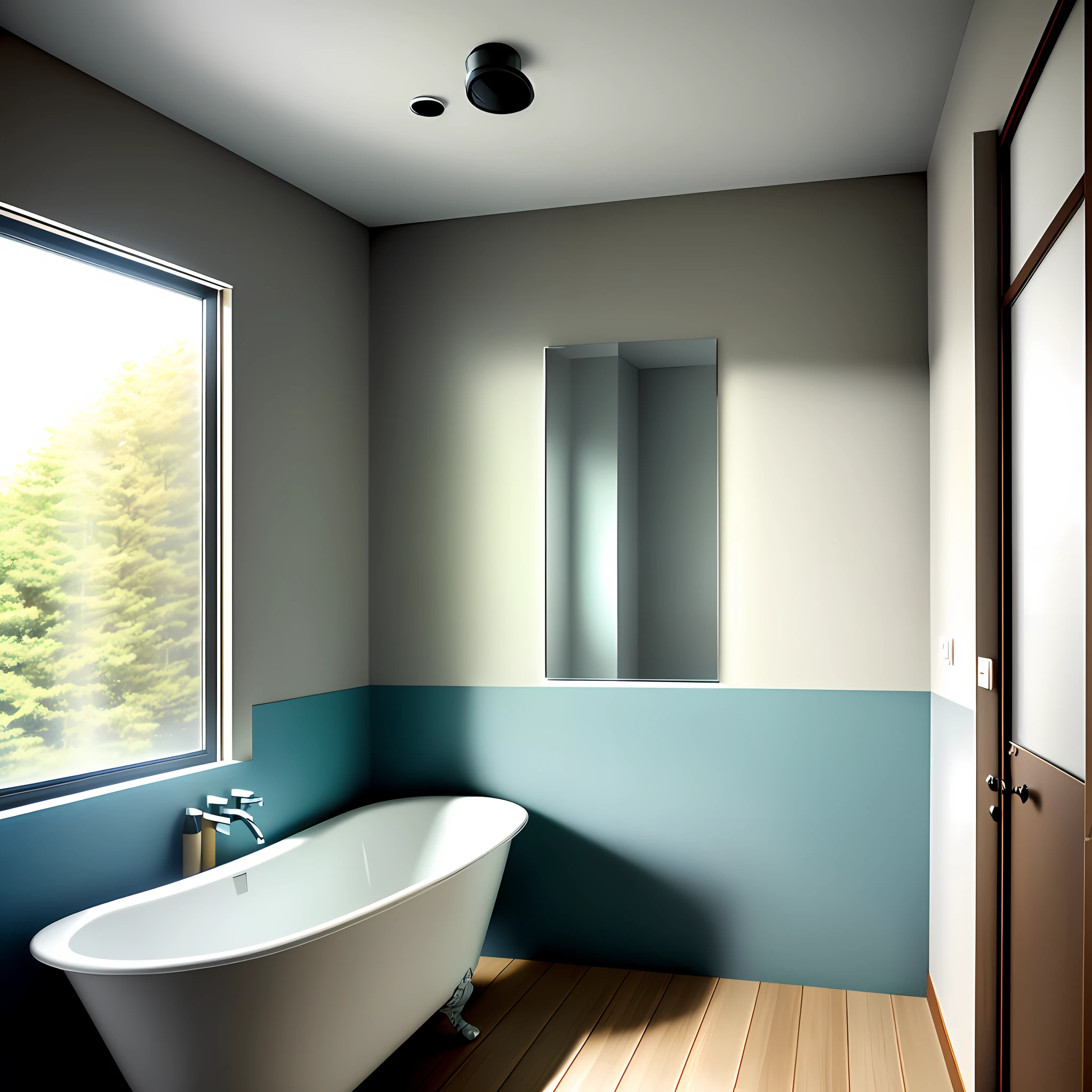 The bathroom with window and mirror has a bathtub, rendered in Vray, rendered in Unreal Engine 3D, rendered with 3DSMAX, rendered with V-Ray, rendered with Unreal Engine 3, rendered with POV - Ray, rendered with Unreal Engine, rendered with Vray, rendered in detailed architectural visualizations, rendered with Unreal Engine, Reality