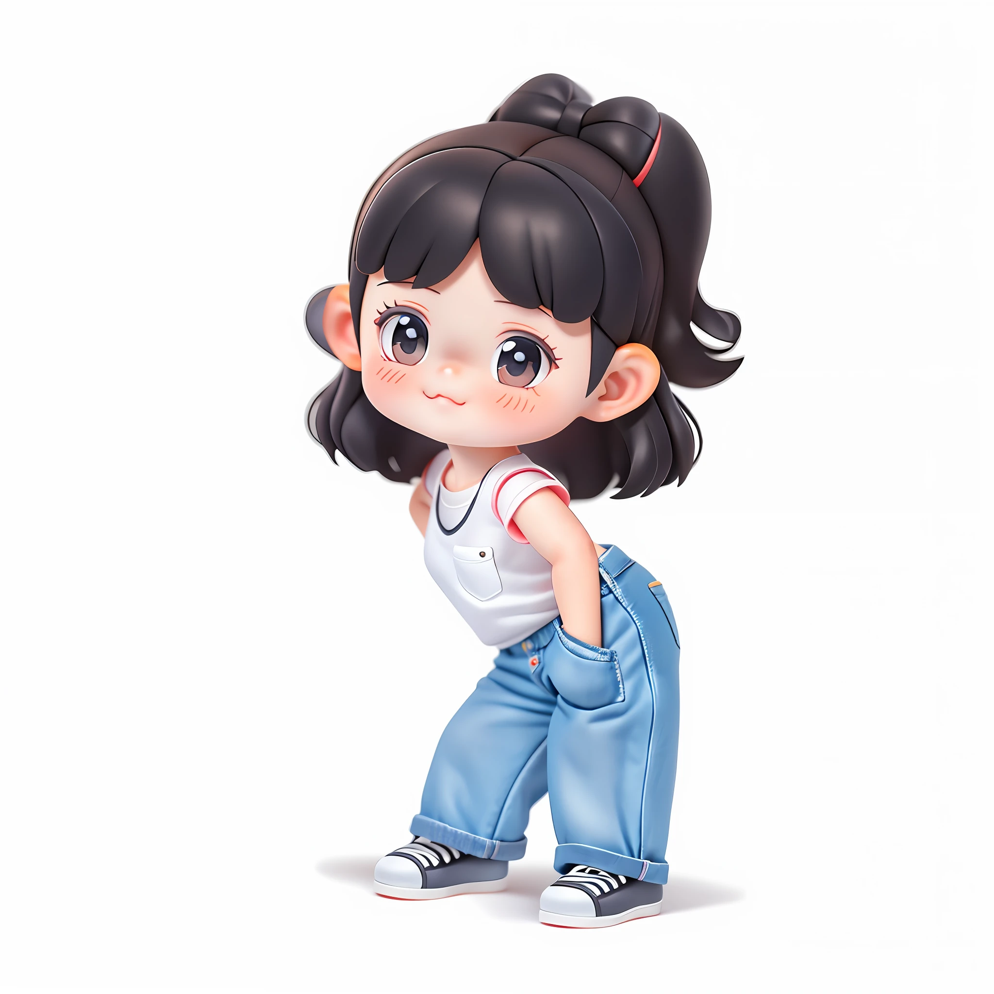 blind box toy style, a cute little girl with a cute face, black hair, white undershirt, jeans, flat shoes,