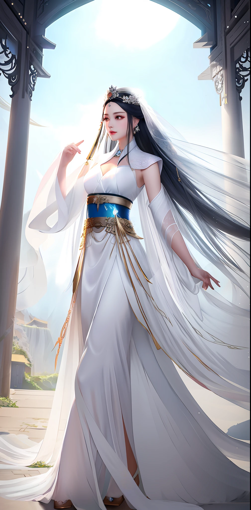 arafed woman in a white dress with a veil and a crown, a beautiful fantasy empress, flowing white robes, inspired by Lan Ying, ((a beautiful fantasy empress)), white hanfu, full body xianxia, palace ， a girl in hanfu, heise jinyao, artgerm and ruan jia