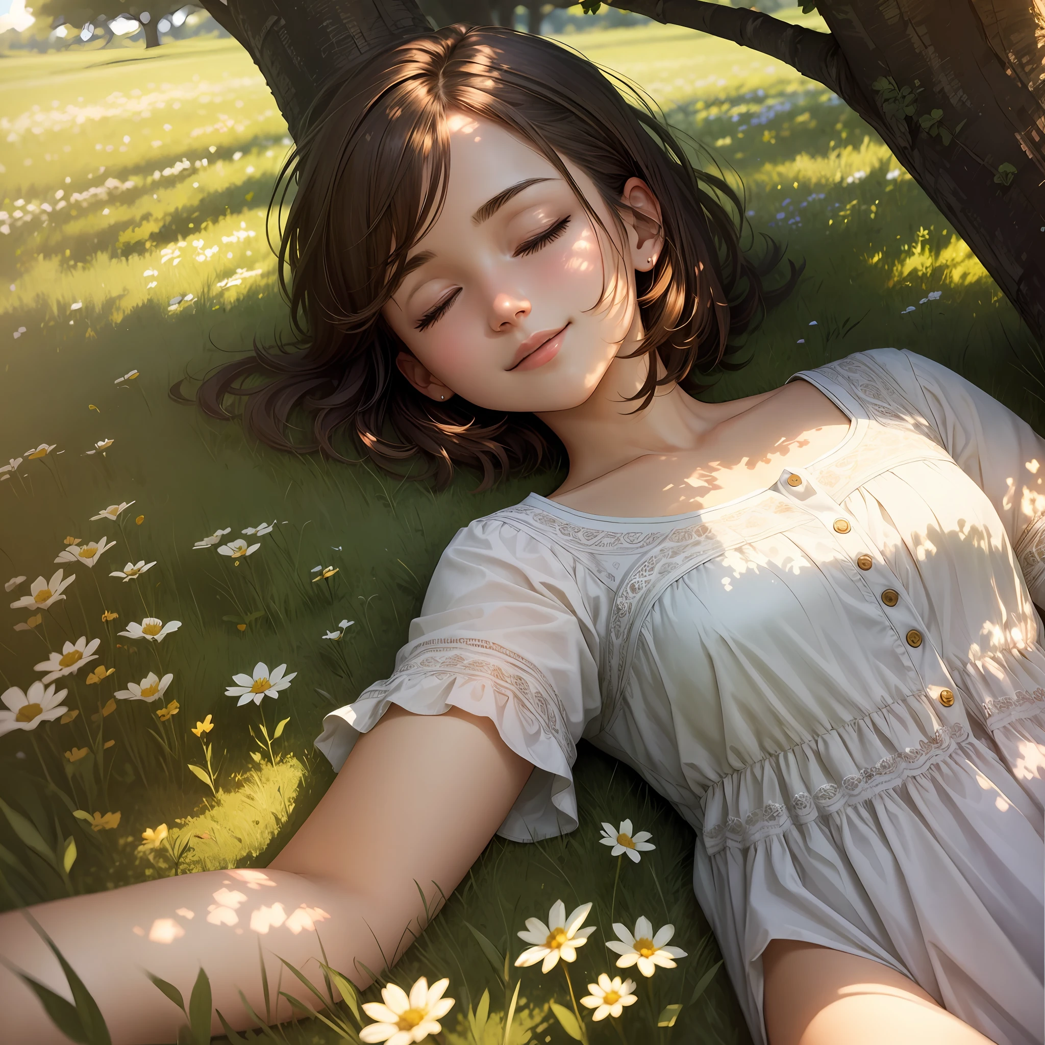 ((realistic)), ((ultrarealistic)), ((detailed))1girl, short brown hair, short dress, lying in the shade of a tree, sleeping. field of flowers, smiling