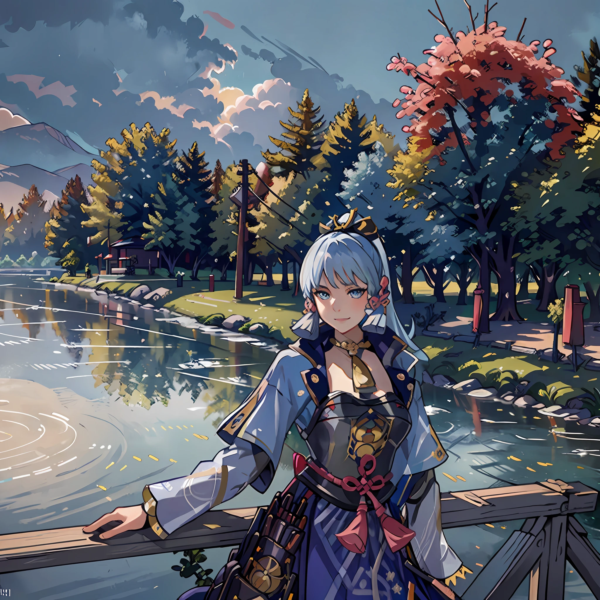 (masterpiece), (best quality), (ultra detailed),(disheveled hair),(illustration), (1girl), standing, smiling, beautiful detailed eyes, light blue eyes, detailed beautiful face, (kamisato ayaka: 1.2), focus on face, ponytail, kamisato ayaka(genshin impact), light blue hair, detailed hair, bangs, best lighting, best shadow, highly detailed