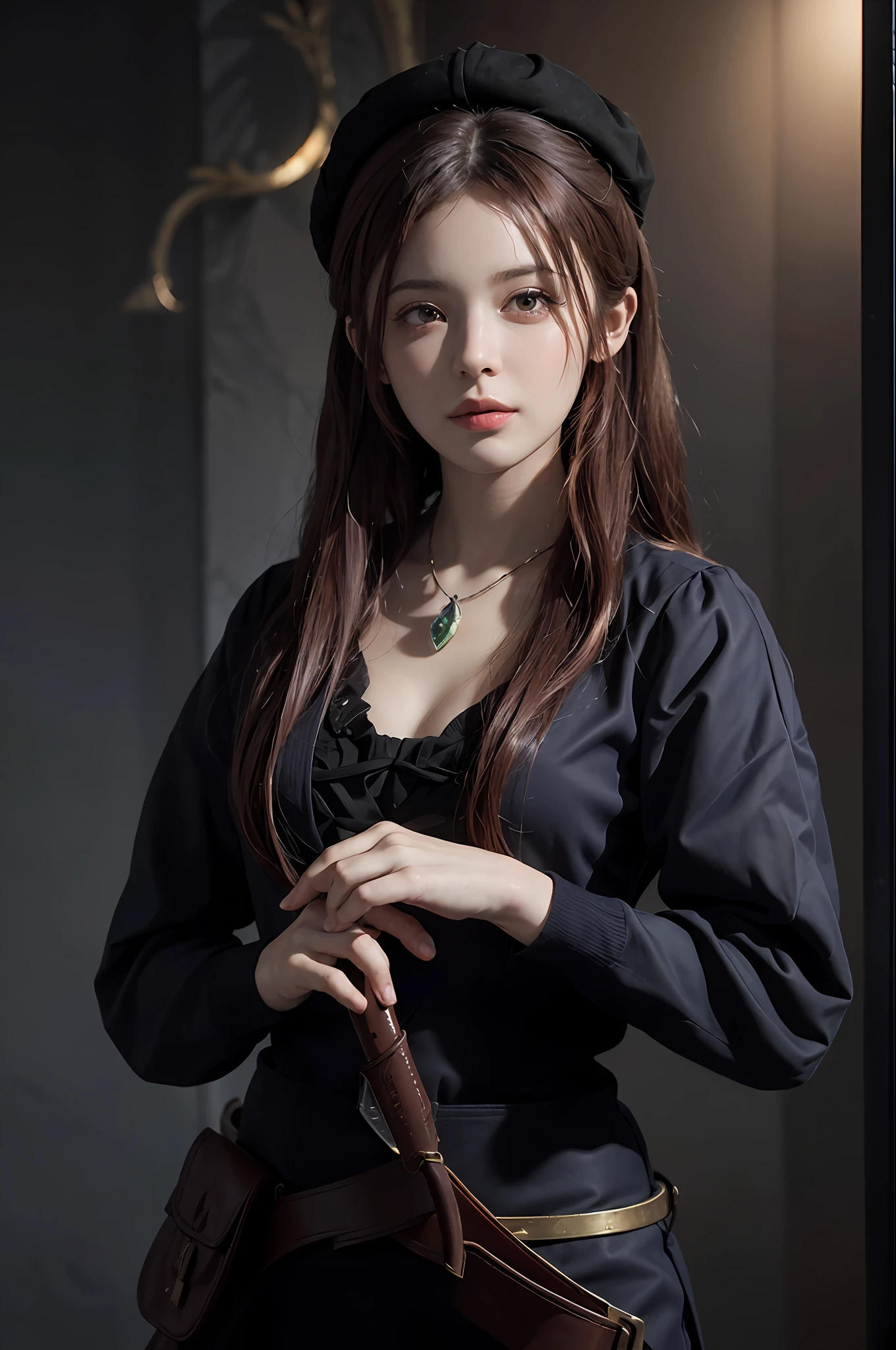 Masterpiece, A Girl, (Long Red Hair: 1.3), Bust (Front Focus), (In the Dark: 1.6), Surrealistic Female Portraits by David Hockney and Alphonse Mucha, Fantasy Art, Photo Realism, Dynamic Lighting, ArtStation, Poster, Volumetric Lighting, Very Detailed Faces, 4 K, Award, , 1girl, in the dark, Deep Shadow, Low Key, Cowboy shot, (Official uniform: 1.4),
