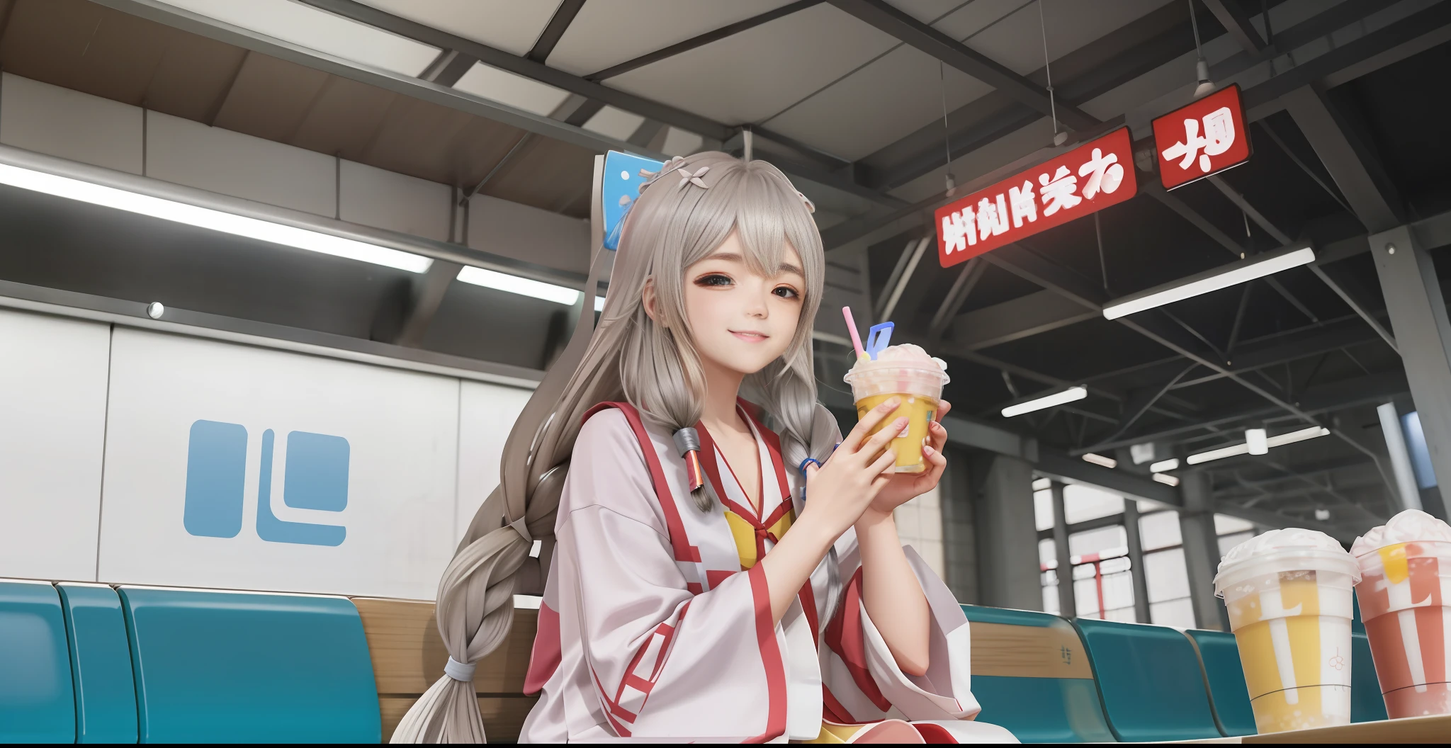 1girl, sitting at the station, Tokyo, subway station, white hanfu, silver hair, twisted braids, cute smile, holding a water cup in both hands 1.5, Shinkai Makoto style, animation lighting,--v 5