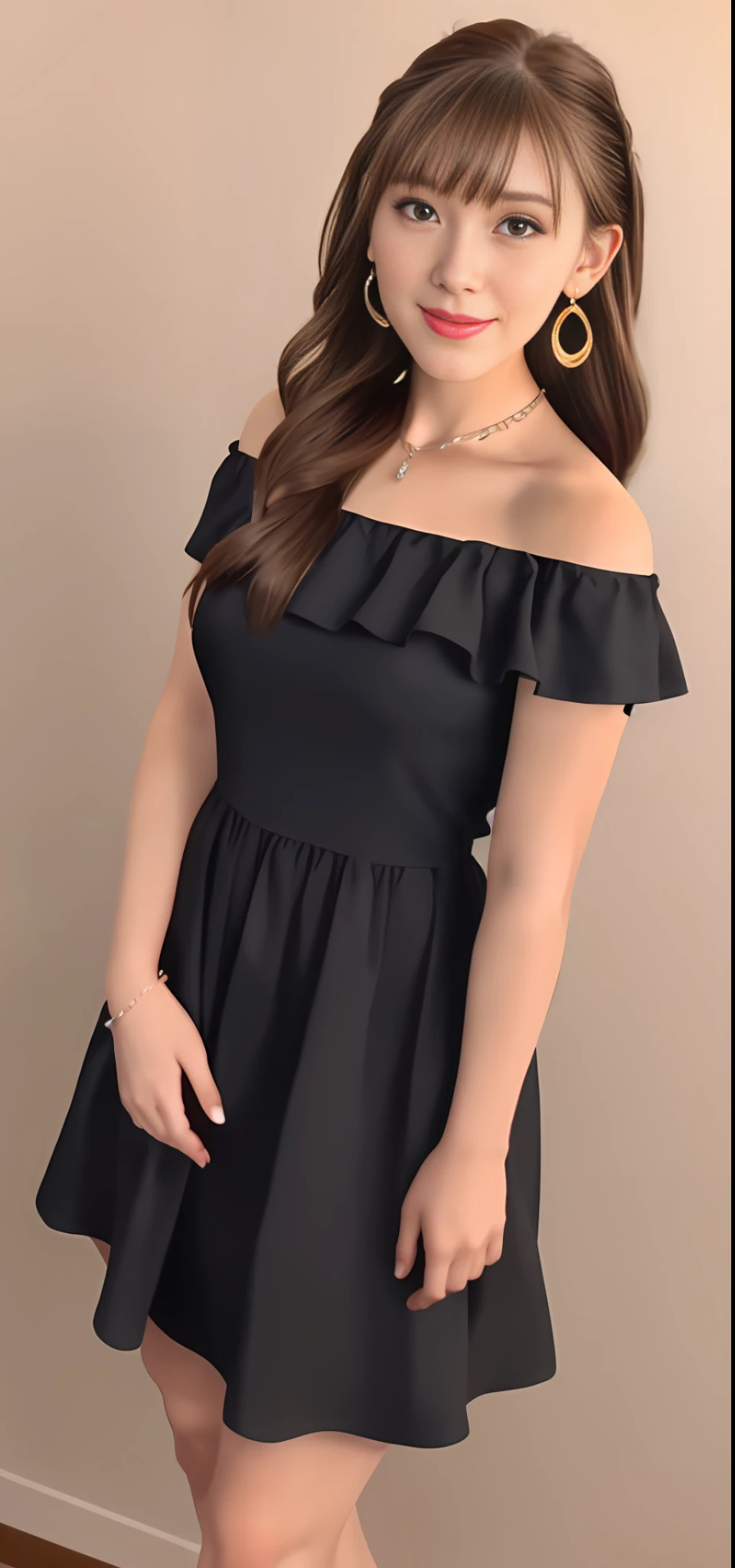 1girl, solo, jewelry, earrings, brown hair, mole under eye, mole, brown eyes, looking at viewer, hair ornament, bare shoulders, necklace, parted lips, dress, red lips, braid, choker, off-shoulder dress, flower, portrait, lips, upper body, realistic, short hair, simple background, black background, hair flower, bangs, makeup, off shoulder, collarbone, medium hair, black dress