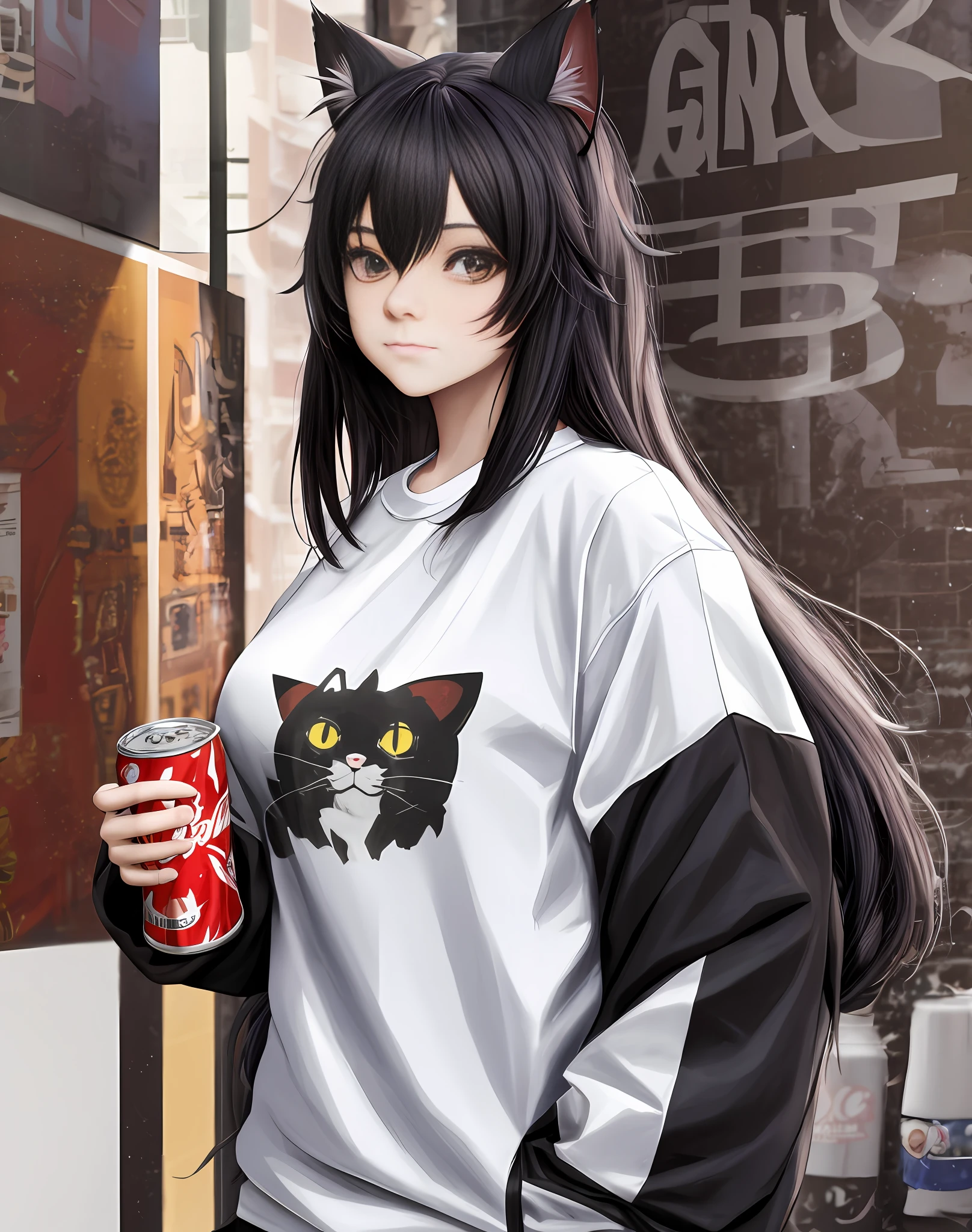 Mid body detailed portrait, anime girl with long hair, cat ears, small breasts, with a huge jacket, holding a soda can, white t-shirt with surreal design, masterpiece, best quality, sakimichan, stanley, artgerm, rossdraws, james Jean, marc simonetti