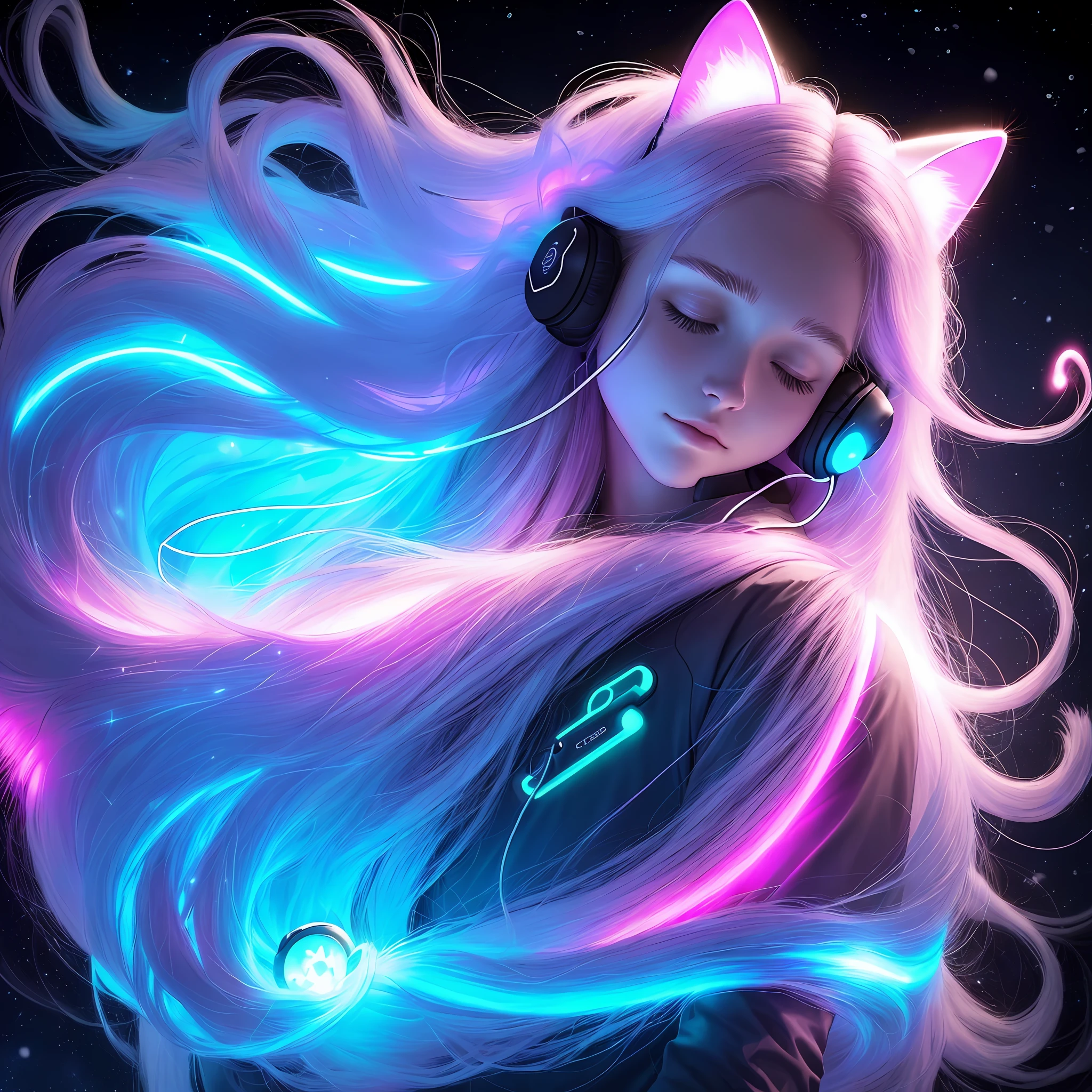 ((Woman)) wearing(( earphones)),(( so long hair volume glowing)) , (( Winter Sleep Suitcat)), ((body spot )),floating in space, Fluffy , Serenity, ((full body shot)), dreamy glow, glowing neon, blacklight, chemiluminescence