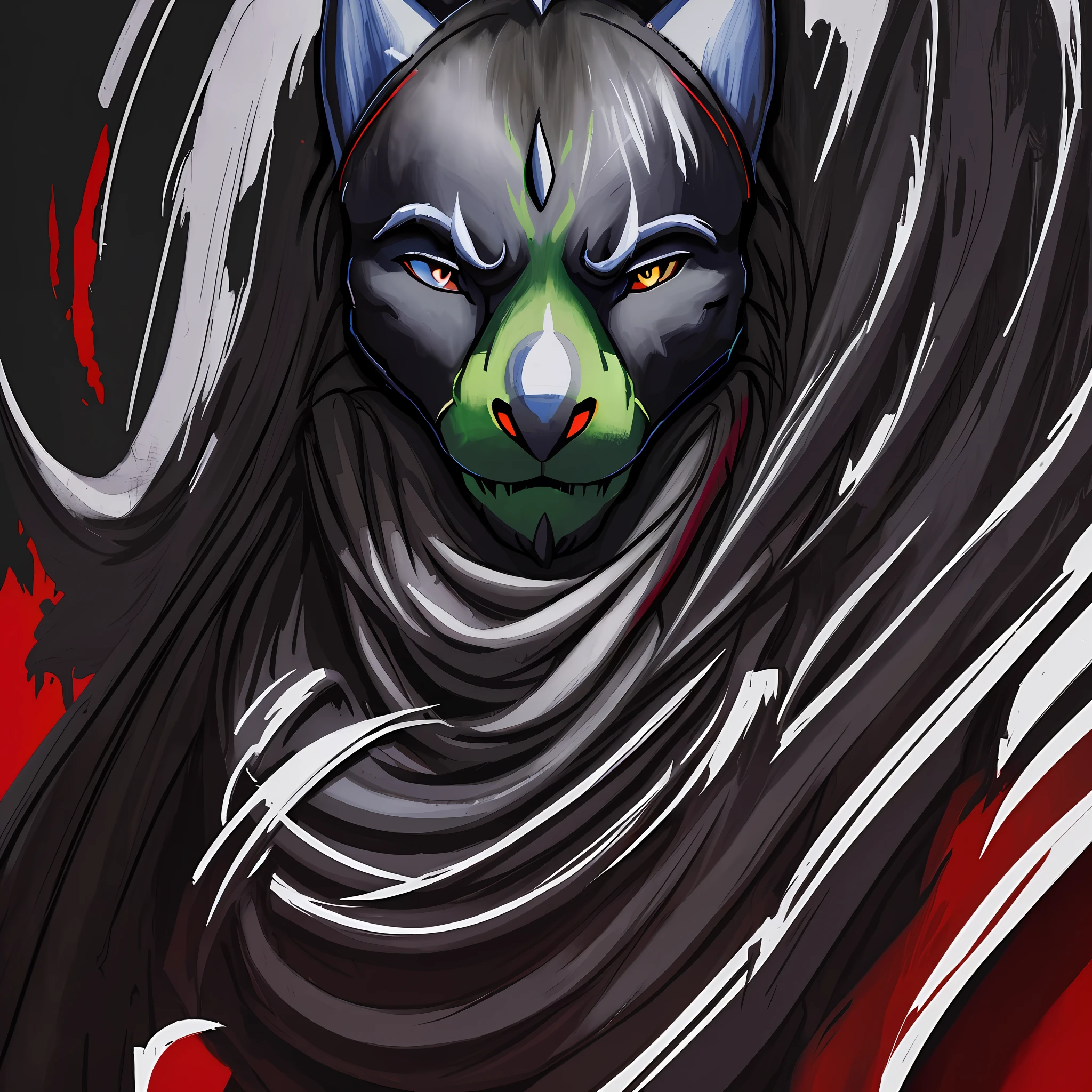 painting of a wolf with a black mane and a red eye, inspired by WLOP, wolf portrait, fantasy wolf portrait, wlop painting style, portrait of a wolf, sharp digital painting, in style of wlop, painted in high resolution, low detailed. digital painting, digital painting concept art, portrait of a wolf head, high quality digital painting