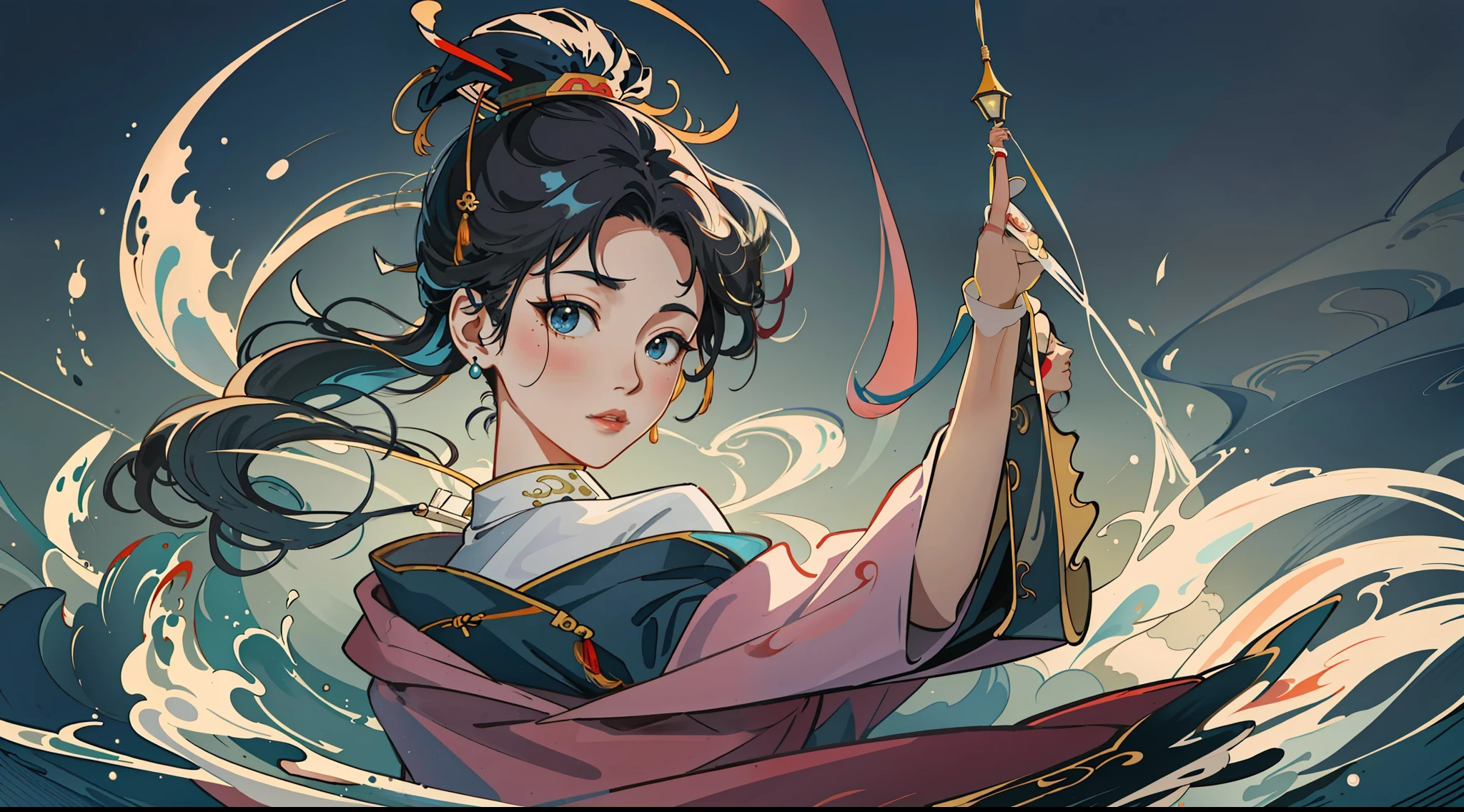 An ancient Chinese beauty standing with hat, dressed in ancient Chinese clothing, flowing tulle, light silk, sea fishing boat, ink painting style, clean colors, decisive cut, white space, freehand, masterpiece, super detailed, epic composition, high quality, highest quality, 4k --v 6