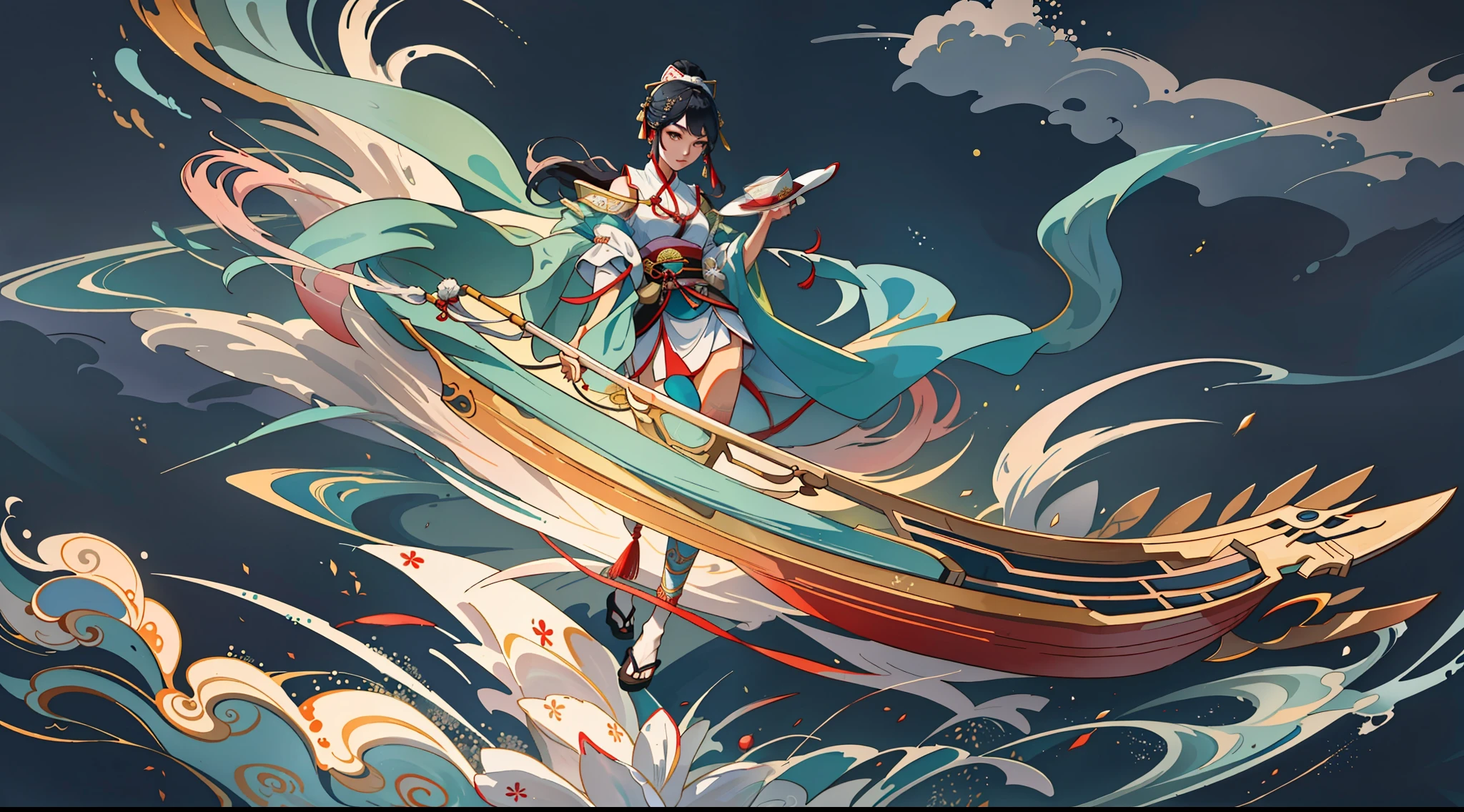 An ancient Chinese beauty standing with hat, dressed in ancient Chinese clothing, flowing tulle, light silk, sea fishing boat, ink painting style, clean colors, decisive cut, white space, freehand, masterpiece, super detailed, epic composition, high quality, highest quality, 4k --v 6