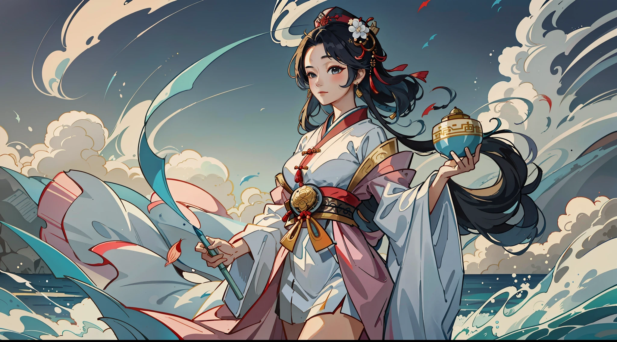 An ancient Chinese beauty standing with hat, dressed in ancient Chinese clothing, flowing tulle, light silk, sea fishing boat, ink painting style, clean colors, decisive cut, white space, freehand, masterpiece, super detailed, epic composition, high quality, highest quality, 4k --v 6