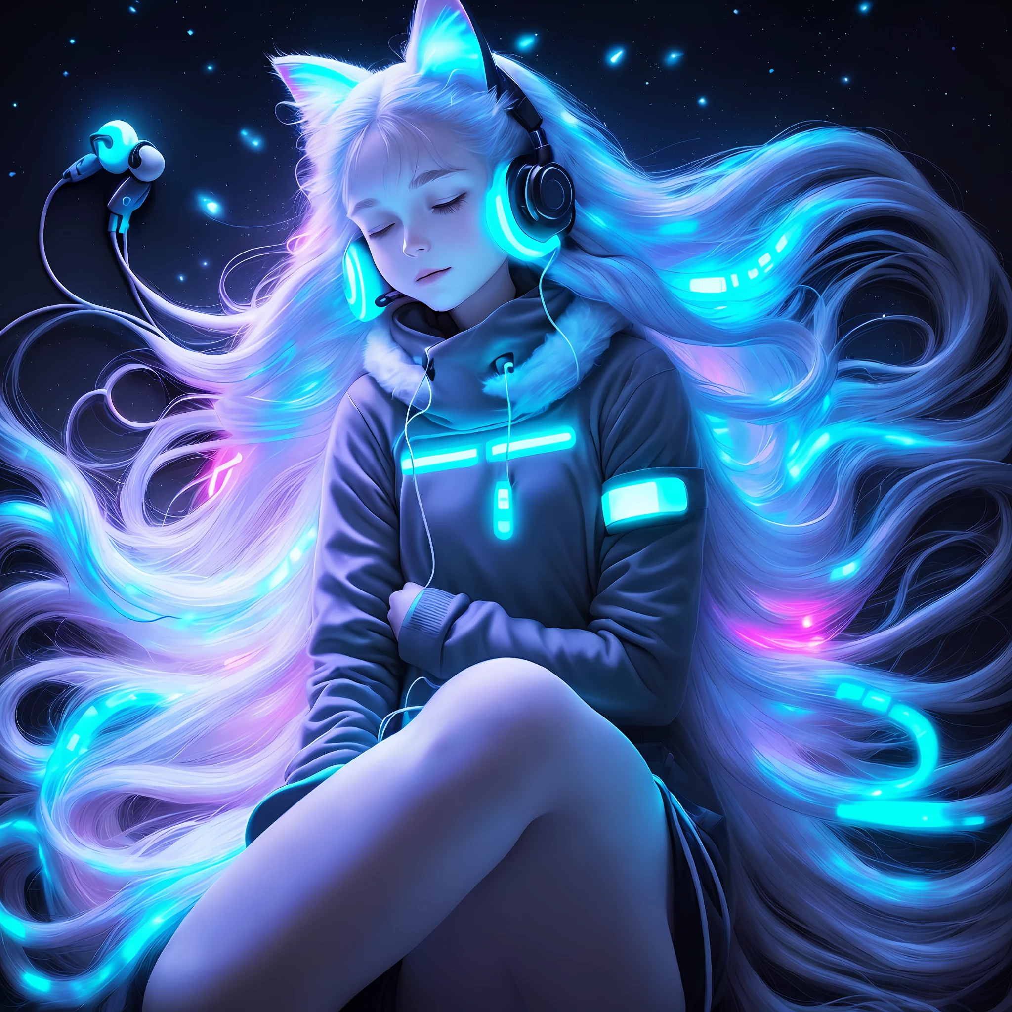 ((Woman)) wearing(( earphones)),(( so long hair volume glowing)) , (( Winter Sleep Suitcat)), ((body spot )),floating in space, Fluffy , Serenity, ((full body shot)), dreamy glow, glowing neon, blacklight, chemiluminescence