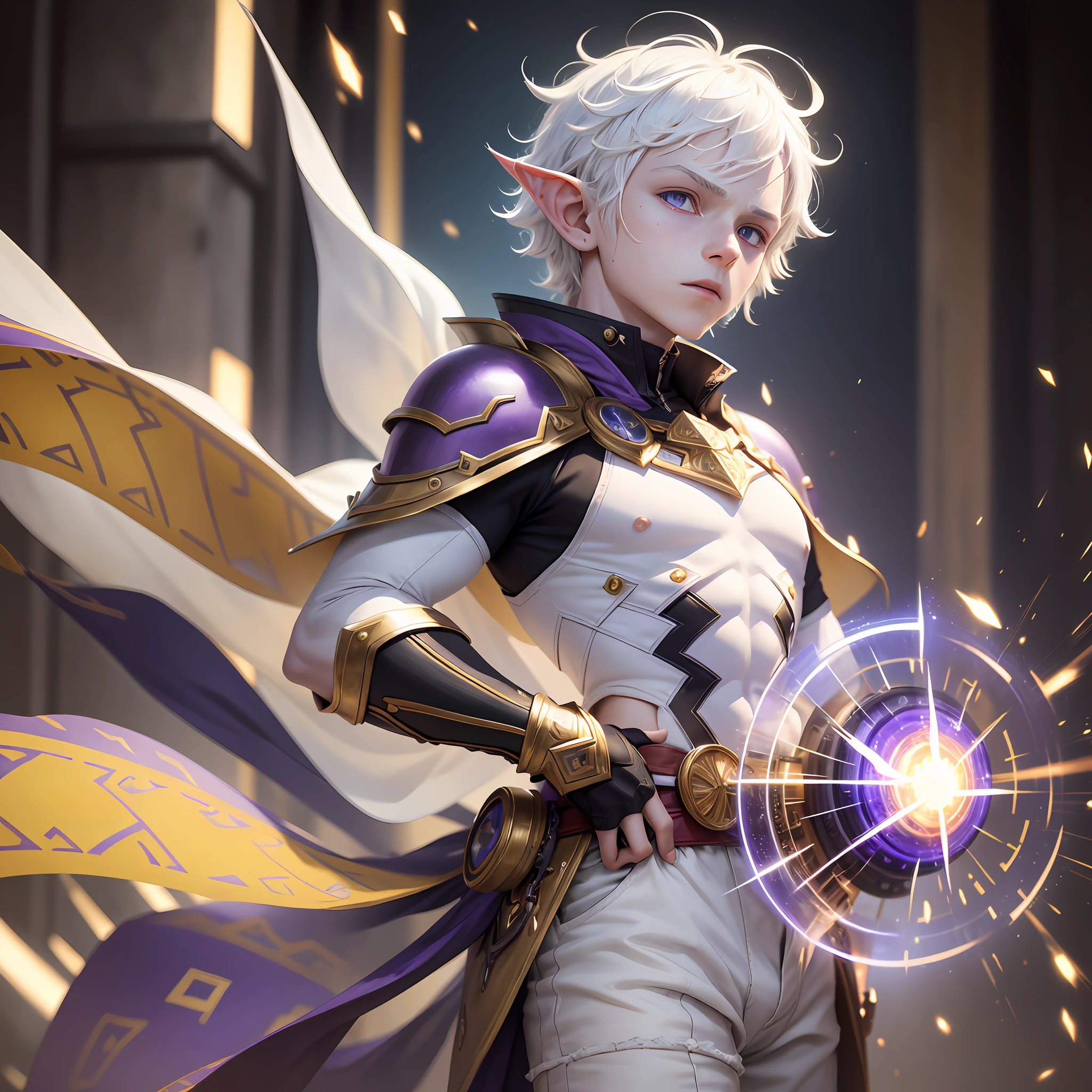a 14-year-old boy, good person, albino with white skin, short white hair, white hair covering the ears, huge elf ears, pointed and hairy ears, purple eyes, light power, pyrokinesis, matter manipulation, no anger, golden and yellow shirt and pants, cute clothes, UHD, retina, masterpiece, accurate, anatomically correct, textured skin, super detail, high details, high quality, award winning, best quality, highres