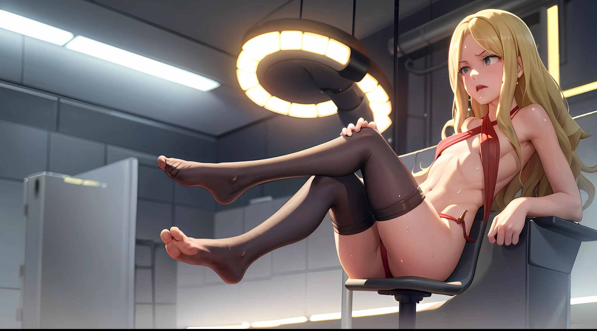 da,bare leg,bare feet,red slingshot swimsuit,wet,o-ring,small breast,full body,solo,dark blue eyes,one girl,medium hair,blonde ,muscle,small breast,indoor,grey backgrpund, strong light and shadow contrast ,crying,tears,pissing,a blonde girl being tortured by electric shock,pantyhose,bondage,machine,iron,bondage,bdsm, tied，iron chair