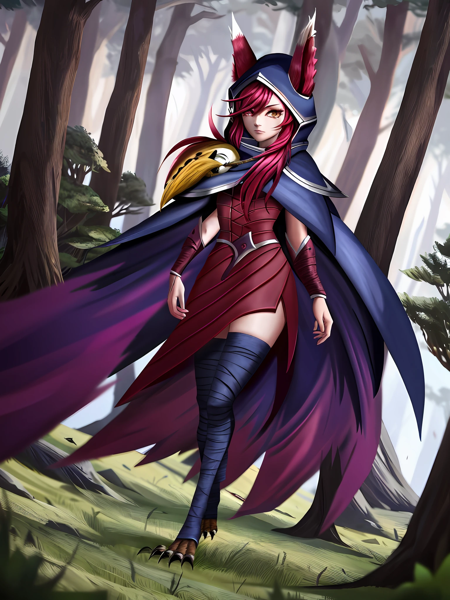 grass, sky, field, xayah, league of legends, 1girl, animal ears, bandaged leg, thighhighs, bandages, belt, bird legs, bird skull, cloak, closed mouth, ears through headwear, eyes visible through hair, facial mark, feathers, hood, hood up, hooded cloak, long hair, yellow eyes, red hair, talons, vambraces, blue capelet, cape, capelet, hair over shoulder, hooded capelet, red dress, dress, nose ring, nose piercing