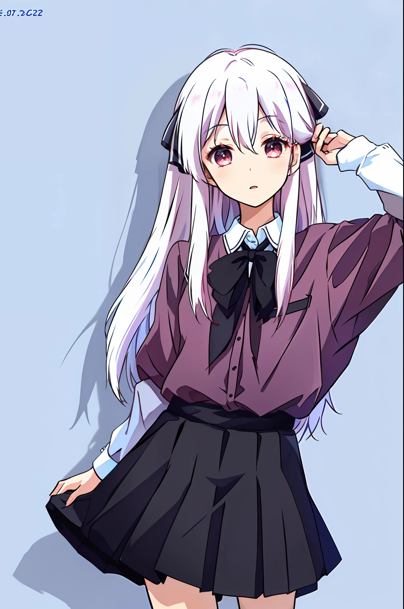 masterpiece, 1girl,solo,best quality, nii_manabu,school uniform, [white hair:pink hair:20],black skirt,long hair,upper body, hair ribbon, star-shapped hairpin,