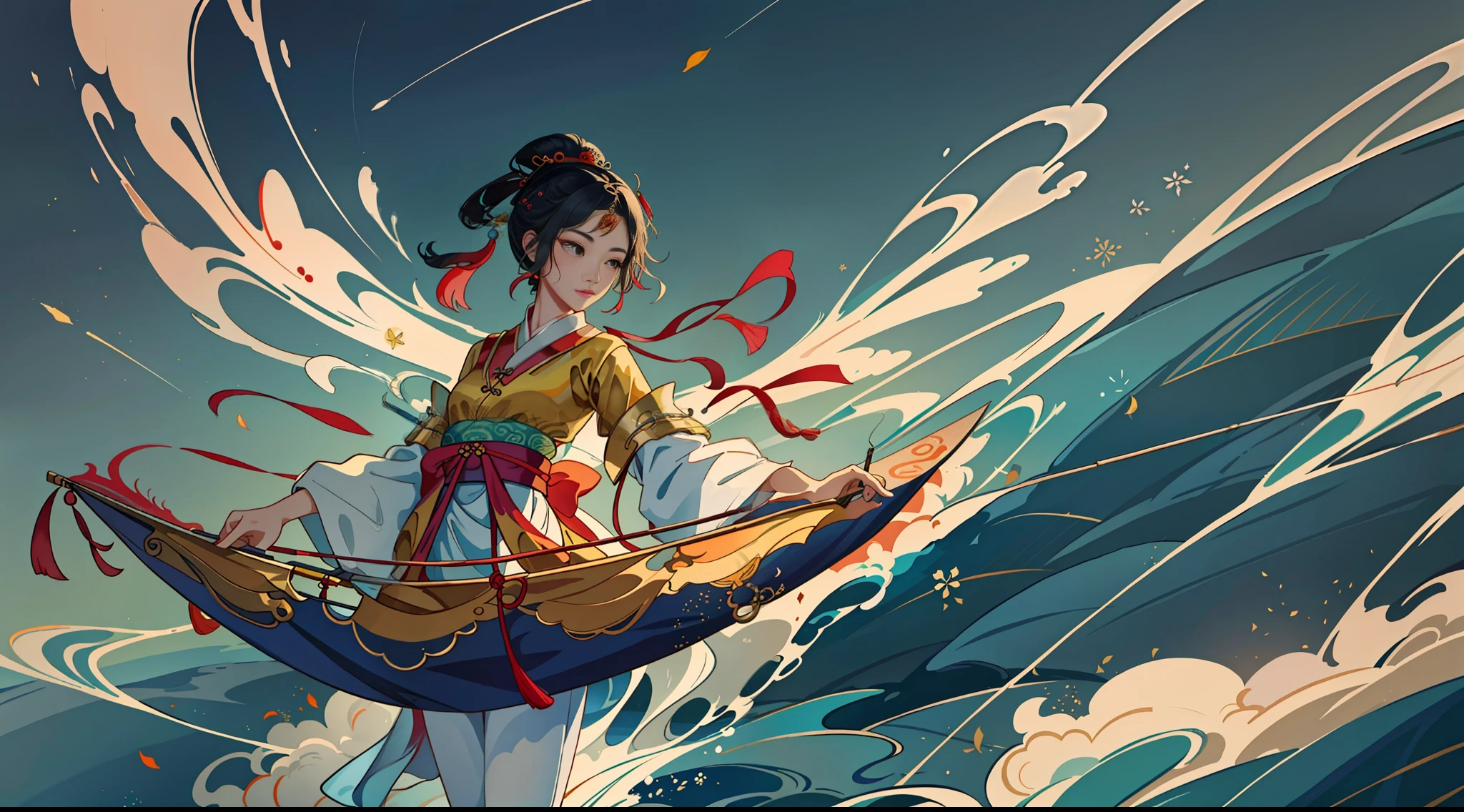 An ancient Chinese beauty, holding ruyi in her hand, wearing ancient Chinese clothing, flowing tulle, light silk, fishing boat on the sea, ink painting style, clean color, decisive cut, white space, freehand, masterpiece, super detailed, epic composition, high quality, highest quality, 4k --v 6