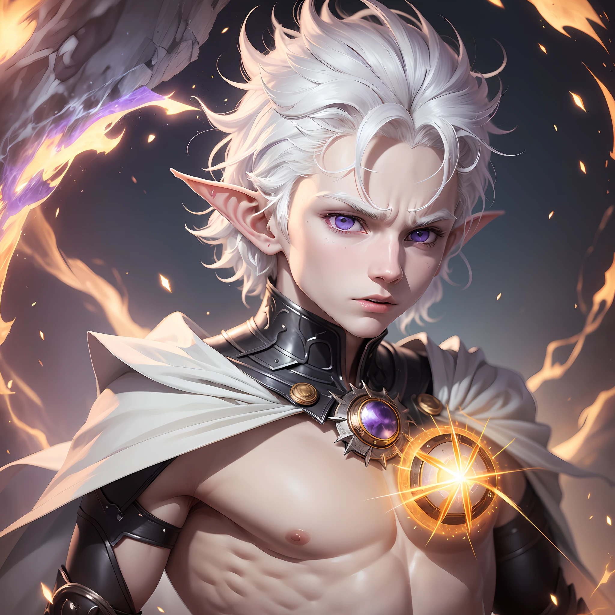 a -yeld bogood person, albino with white skin, short white hair, white hair covering the ears, huge elf ears, pointed and hairy ears, purple eyes, light fire powers, sun power, pyrokinesis, matter manipulation, no anger, golden clothes, fully dressed, shirt on, no muscles, UHD, retina, masterpiece, accurate, anatomically correct, textured skin, super detail, high details, high quality, award winning, best quality, highres