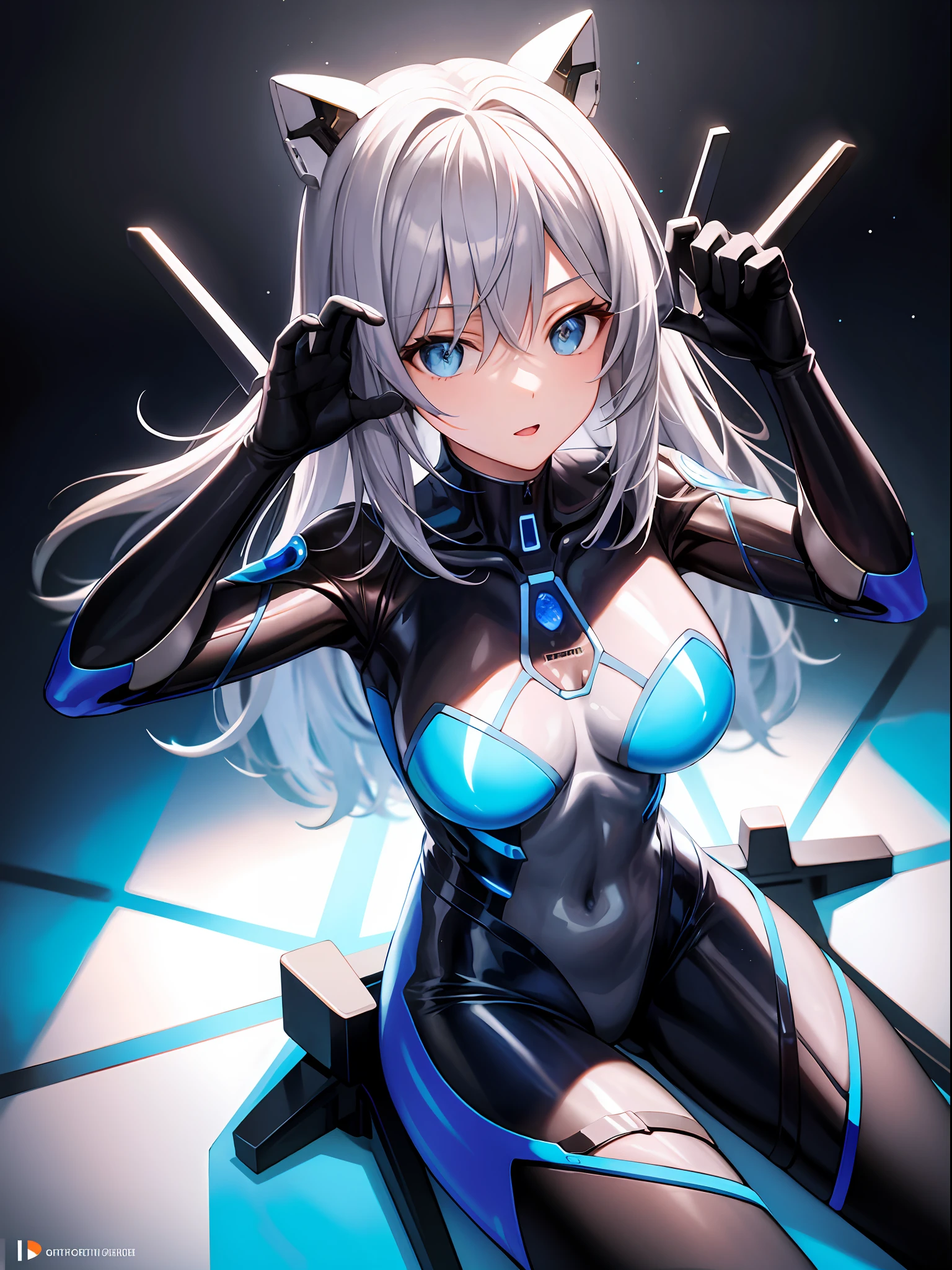 masterpiece, best quality, 1girl, translucent skin, blue bodysuit, mechanical, cowboy shot, space, sitting, from above, large breasts, bone