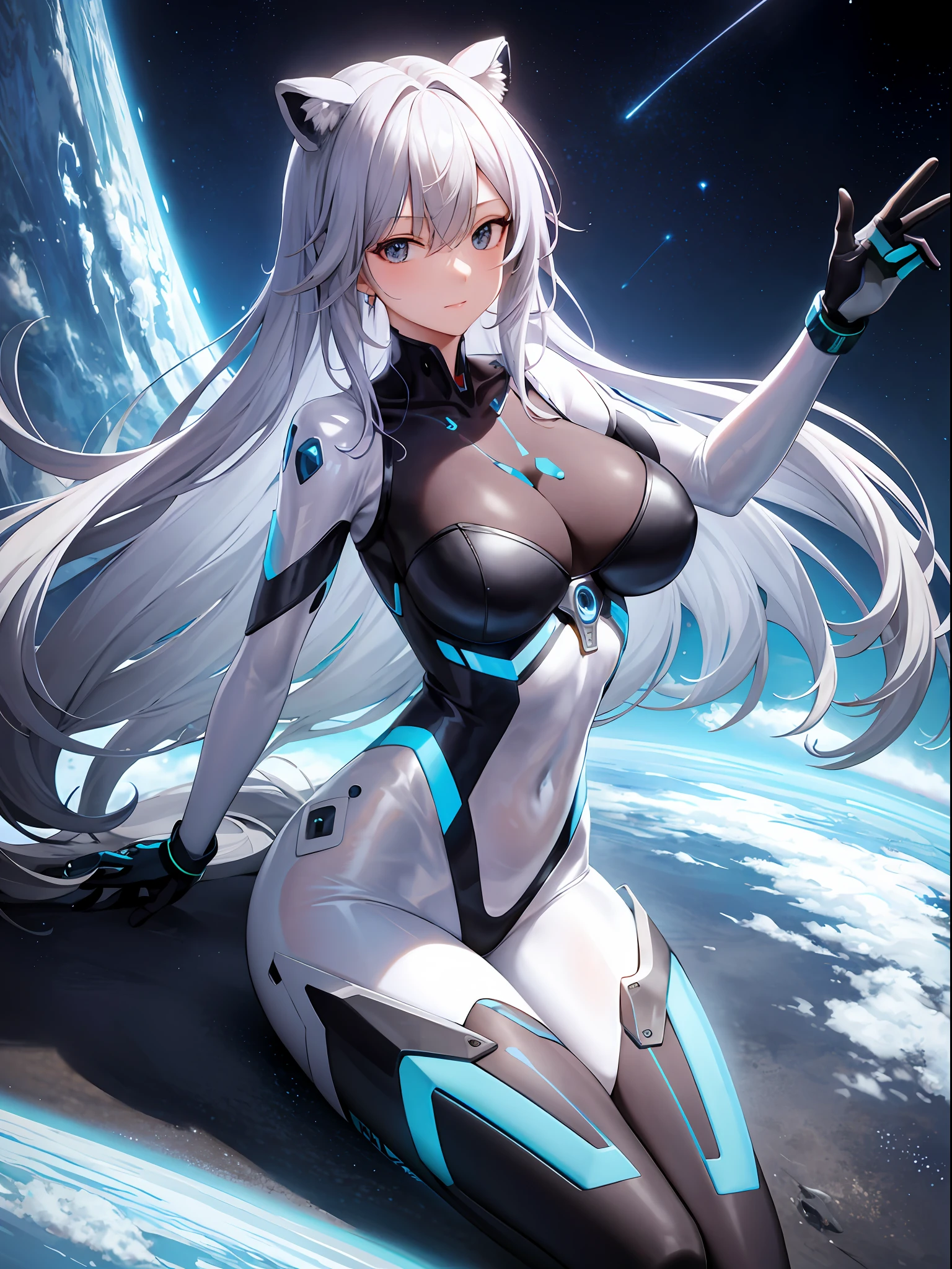 masterpiece, best quality, 1girl, translucent skin, blue bodysuit, mechanical, cowboy shot, space, sitting, from above, large breasts, bone