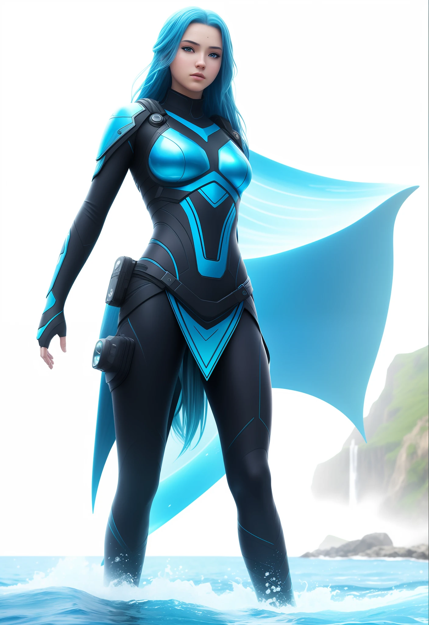 (Masterpiece, high resolution), avatar girl hunting, water, IMAX, chromatic aberration, depth of field, ocean, waterfall, blue skin, dress, sci-fi, detailed, reality, cinematic lighting, AOA, Na'vi