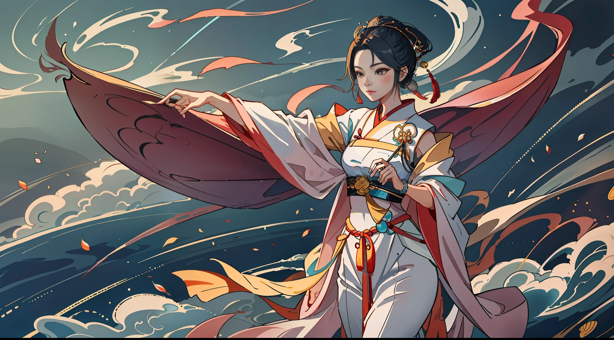 An ancient Chinese beauty, holding ruyi in her hand, wearing ancient Chinese clothing, flowing tulle, light silk, fishing boat on the sea, ink painting style, clean color, decisive cut, white space, freehand, masterpiece, super detailed, epic composition, high quality, highest quality, 4k --v 6