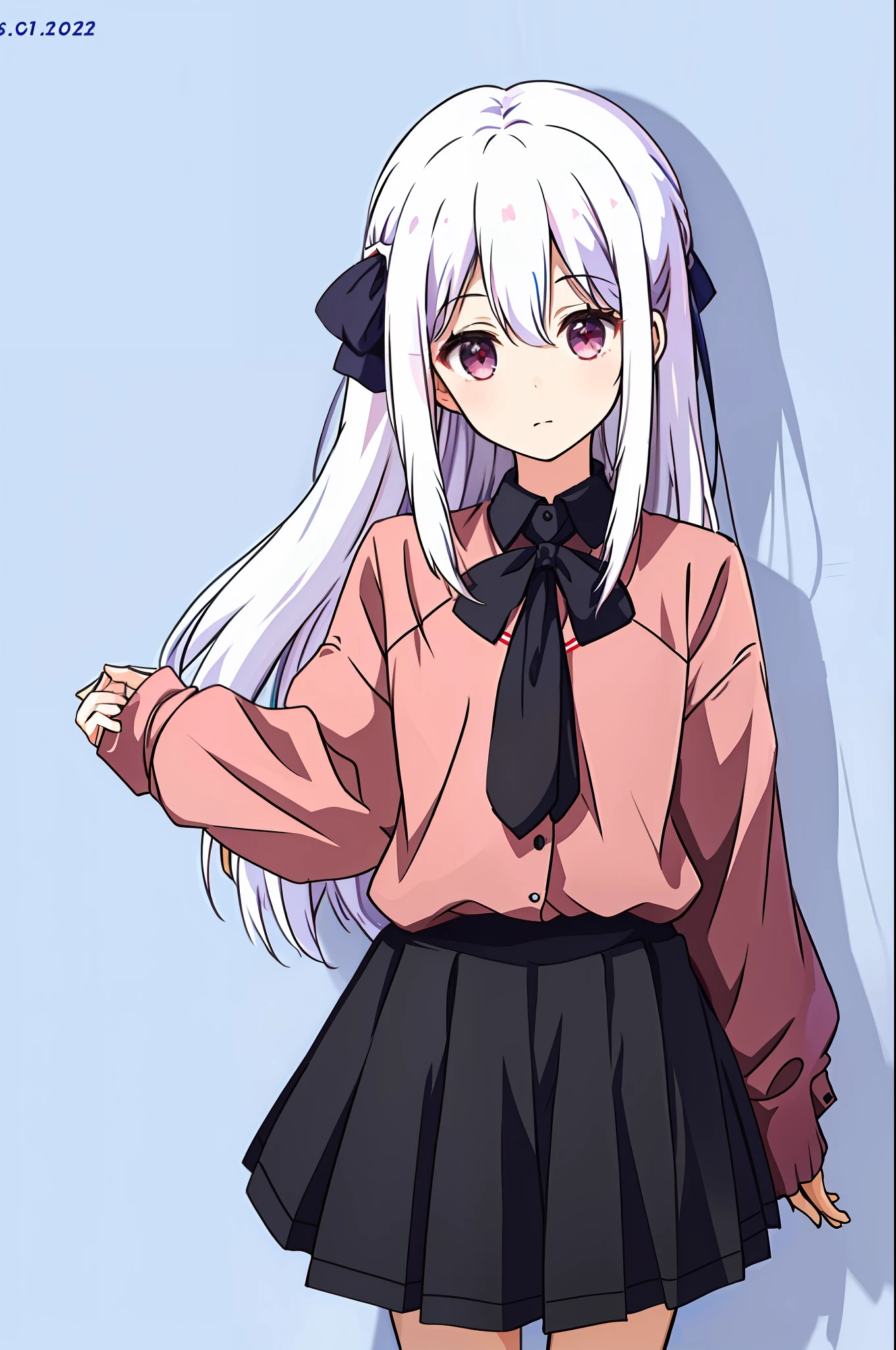 masterpiece, 1girl,solo,best quality, nii_manabu,school uniform, [white hair:pink hair:20],black skirt,long hair,upper body, hair ribbon, star-shapped hairpin,