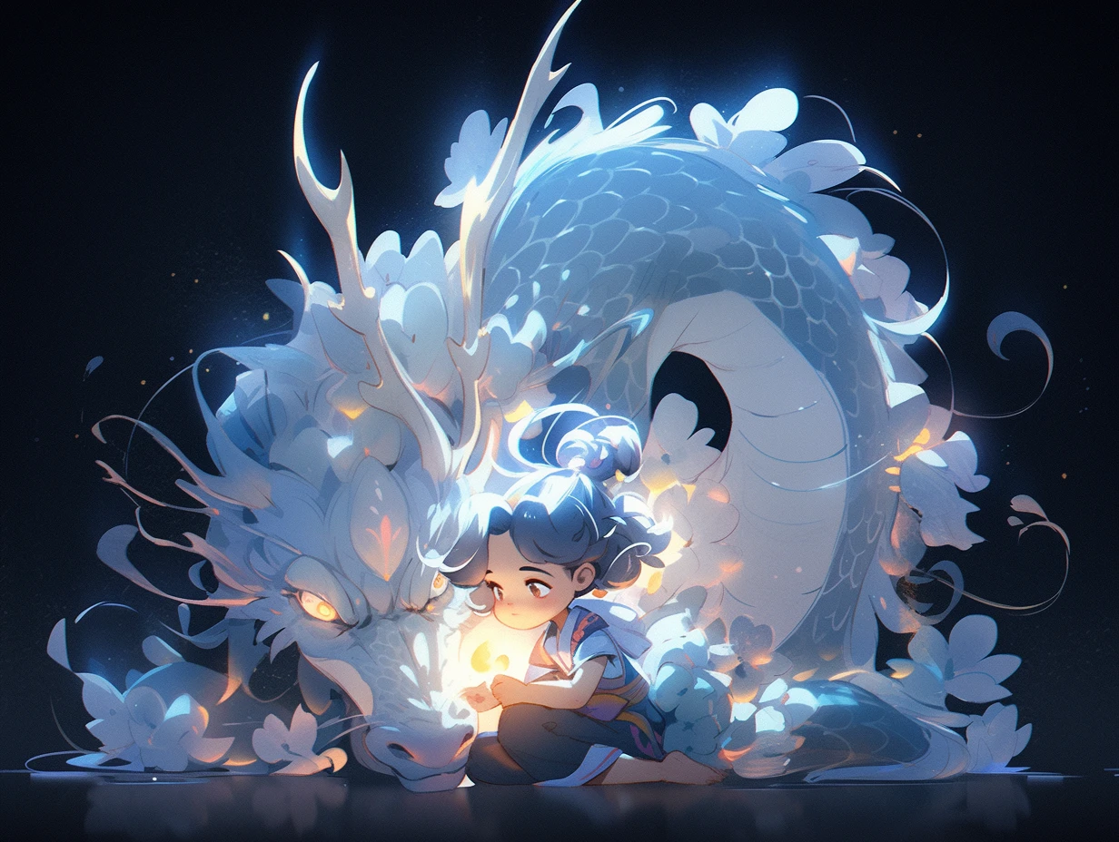 Chinese style, 3d Pixar character style, 3d, toys, tide play, ip, blind box, magic, whole body, cute girl, Hanfu, good smile, long hair, super clear, transparent material of one Chinese dragons, ice cube, drop reflected light, style prism + hibiscus, pure black background, particle, particle, blue light, Trend octane Render on art Workstation, 8K, HD, 3d, c4d, Blender --niji 5 --ar 4:3