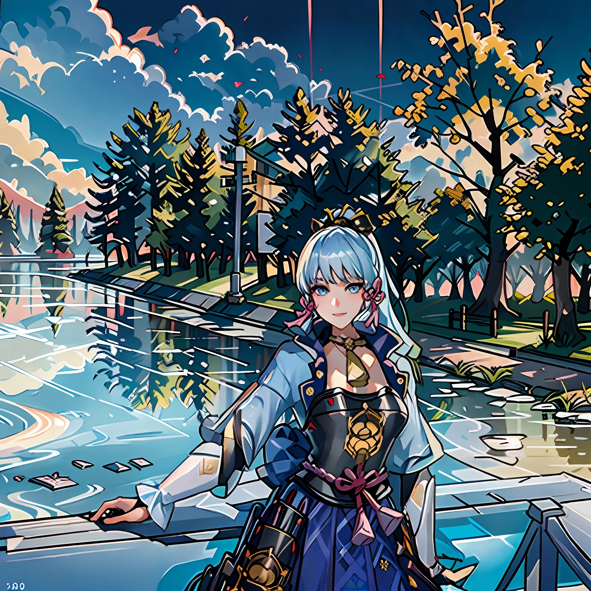 (masterpiece), (best quality), (ultra detailed),(disheveled hair),(illustration), (1girl), standing, smiling, beautiful detailed eyes, light blue eyes, detailed beautiful face, (kamisato ayaka: 1.2), focus on face, ponytail, kamisato ayaka(genshin impact), light blue hair, detailed hair, bangs, best lighting, best shadow, highly detailed