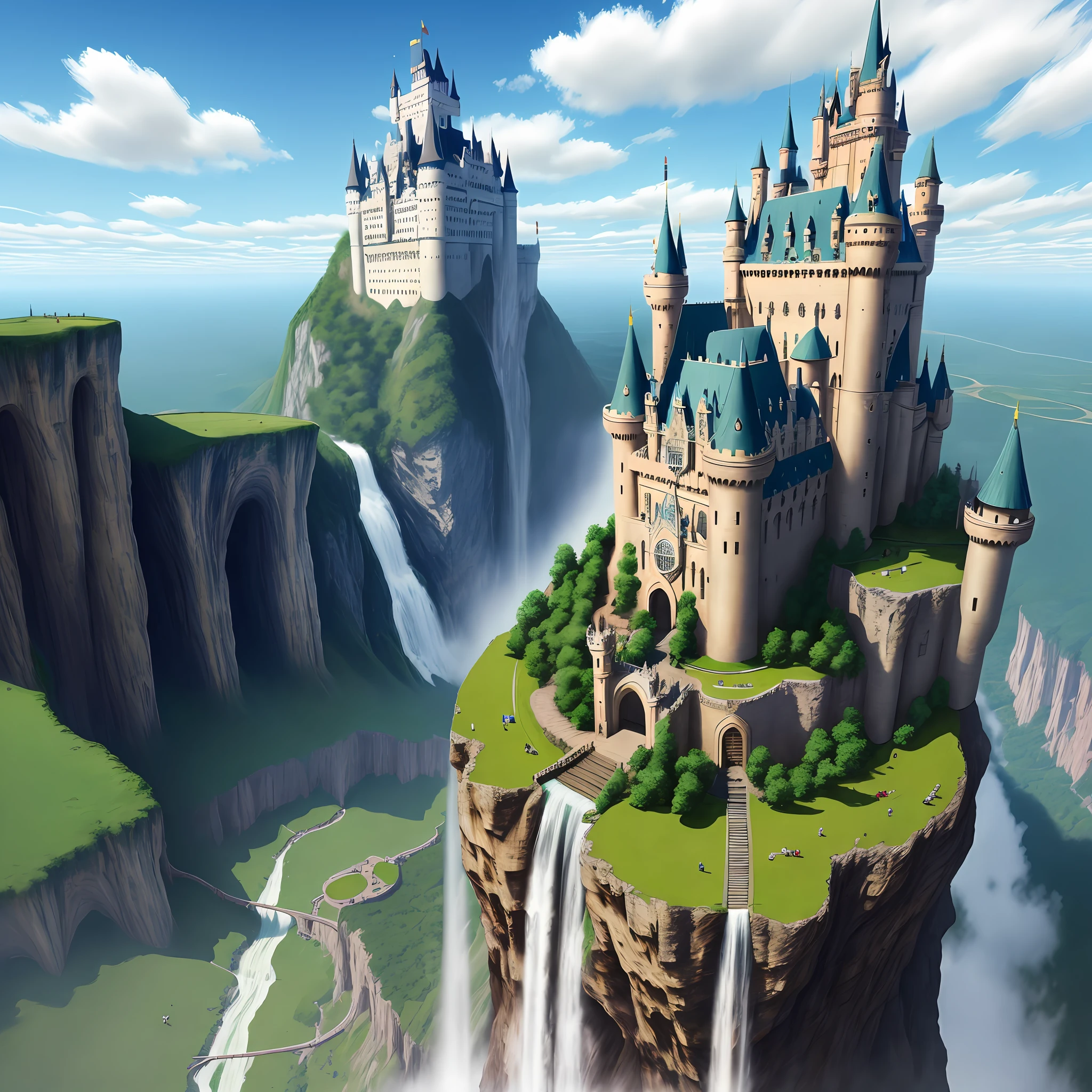 A huge castle that stretches to the sky Huge waterfalls, aerial cities Fantasy