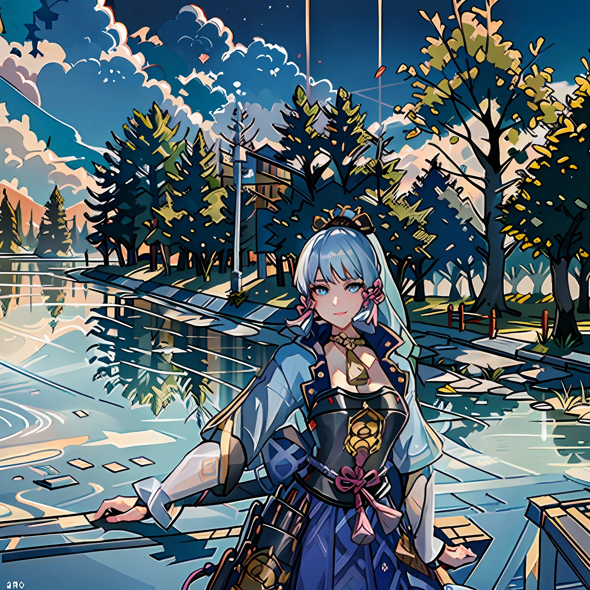 (masterpiece), (best quality), (ultra detailed),(disheveled hair),(illustration), (1girl), standing, smiling, beautiful detailed eyes, light blue eyes, detailed beautiful face, (kamisato ayaka: 1.2), focus on face, ponytail, kamisato ayaka(genshin impact), light blue hair, detailed hair, bangs, best lighting, best shadow, highly detailed