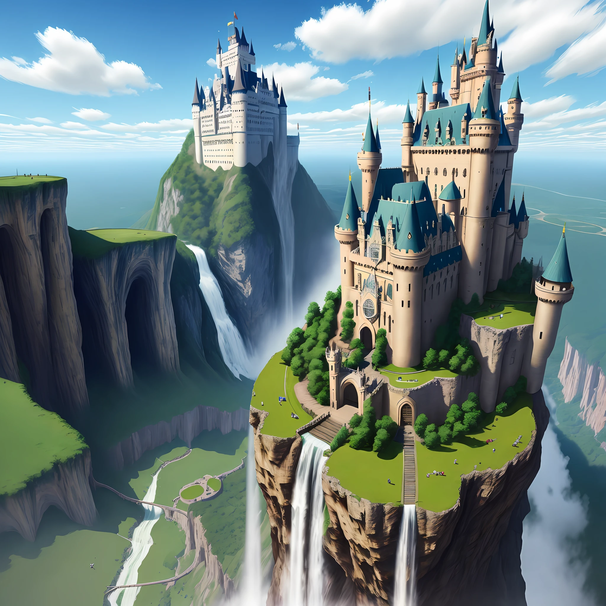 A huge castle that stretches to the sky Huge waterfalls, aerial cities Fantasy