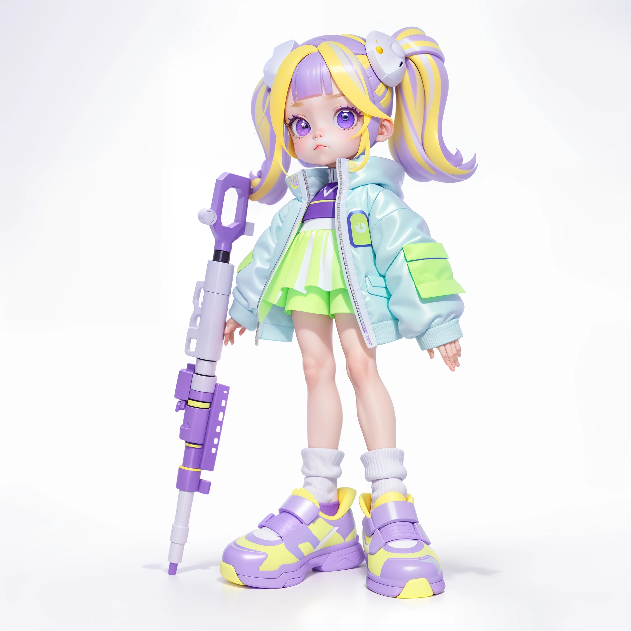 Blind Box Toy Style, a cute little girl with translucent textured yellow hair, double ponytail, white headdress, purple glass eyes, stylish lilac coat with yellow reflective strips, right hand holding a blue high-tech metal shotgun, left hand naturally drooping, long legs, pile socks, threaded white socks, stylish lilac sneakers, green laser reflective material