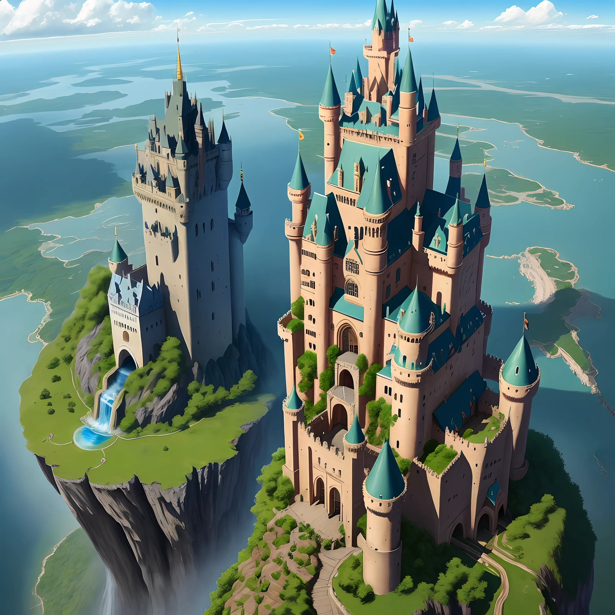 A huge castle that stretches to the sky Huge waterfalls, aerial cities Fantasy