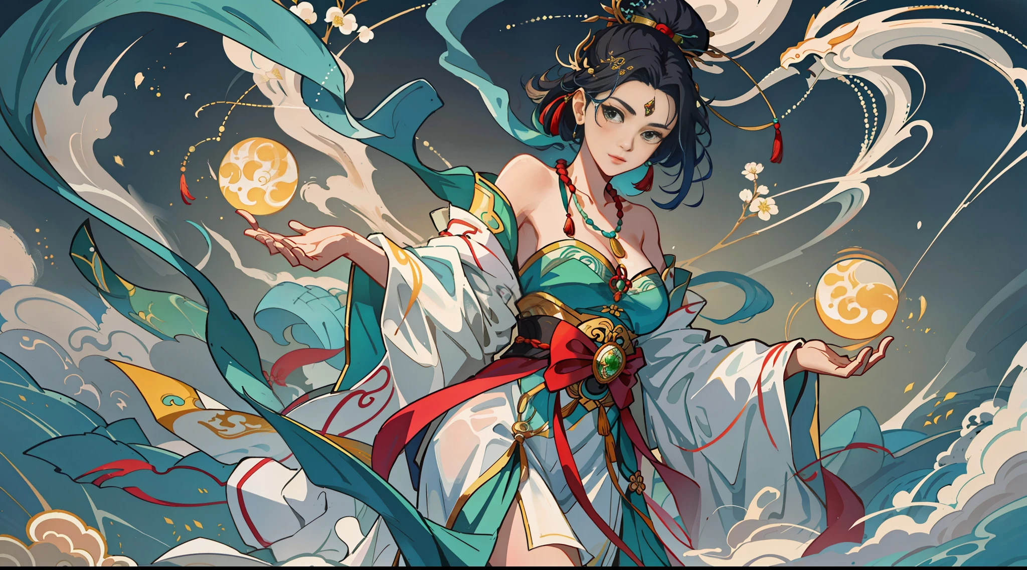 An ancient Chinese beauty goddess, the legendary ocean goddess Mazu, holding a green jade ruyi in her hand, wearing ancient Chinese clothing, flowing tulle, light silk, fishing boat on the sea, four sea dragon kings behind her, ink painting style, clean colors, decisive cutting, white space, freehand, masterpiece, super detailed, epic composition, high quality, highest quality, 4k --v 6