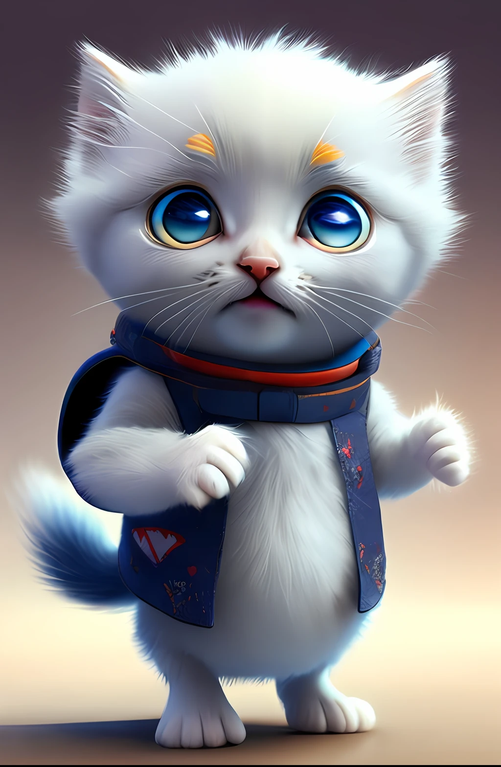 Pixar style, 3D, cute and cute white-haired kitten Superman, big eyes, laughter, excitement, floating in space, Jean-Baptiste Monge, anthropomorphic, dramatic lighting