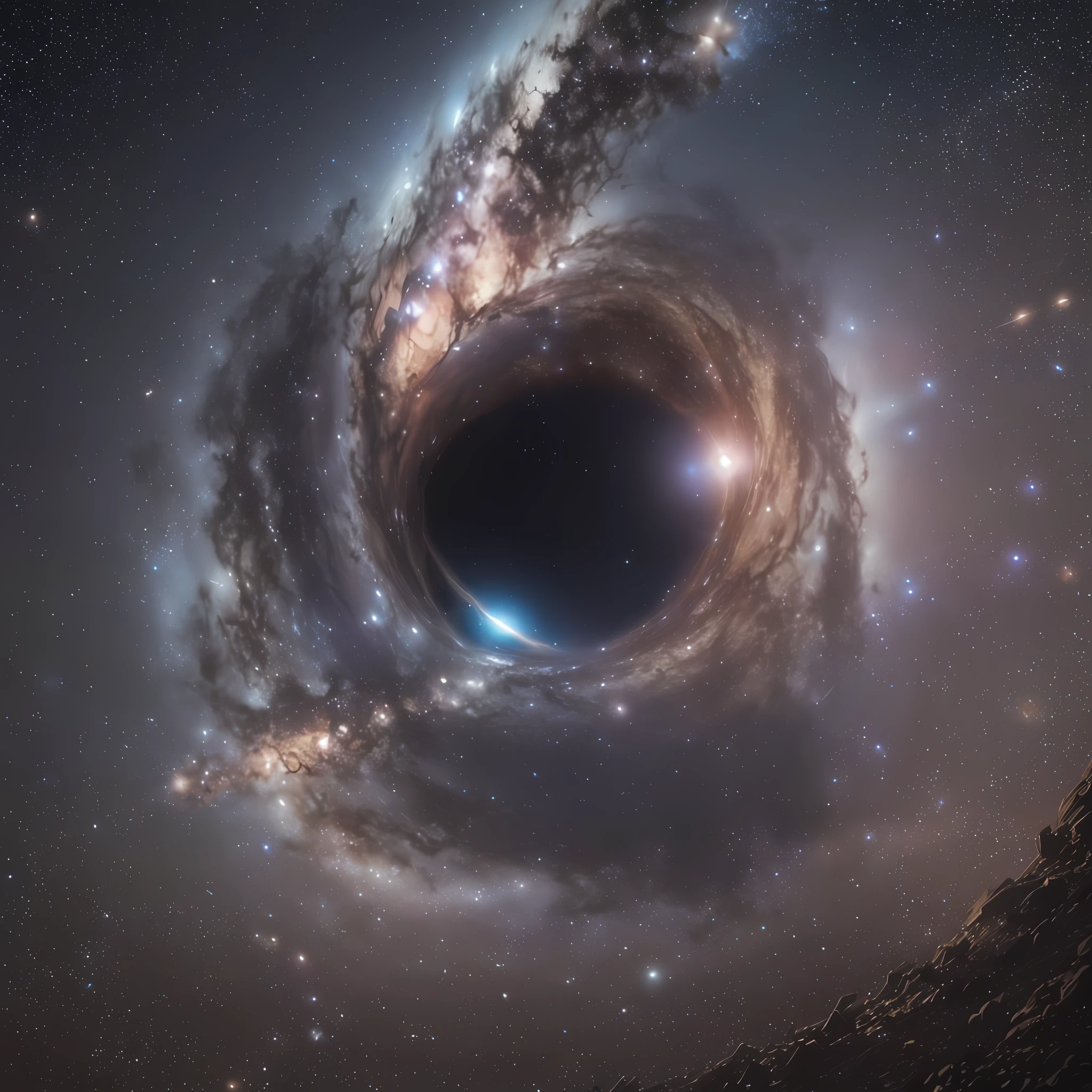 (Masterpiece, best picture quality, super detailed) In a dynamic and mysterious atmospheric space, there is a delicate and extremely beautiful black hole, which is shattered around it, floating in the background of wide-angle, long lenses and eye-catching high-saturation starry sky, which looks mysterious and dark.