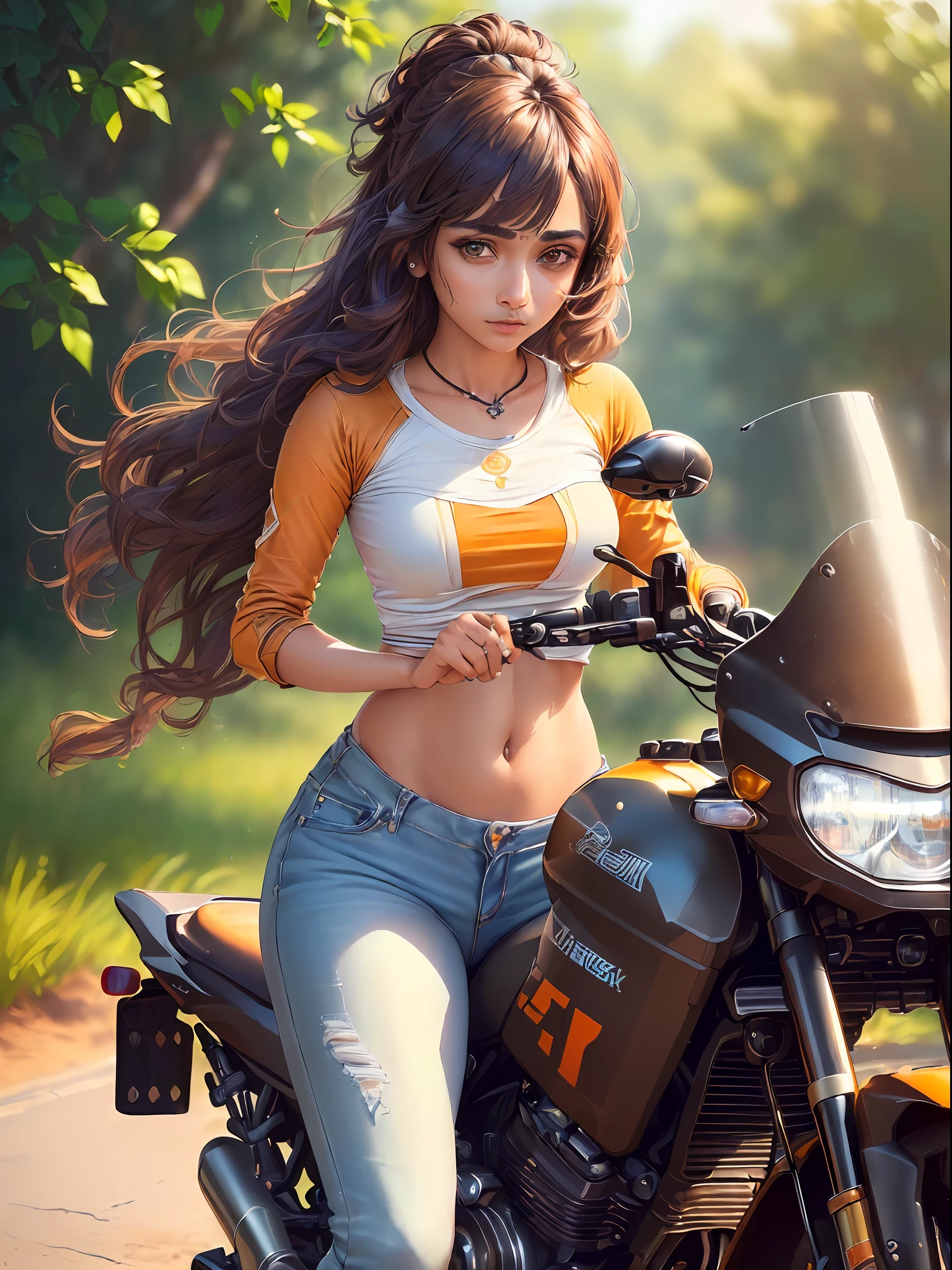 "(extremely detailed CG unity 8k wallpaper:1.5),<(masterpiece:1.5), (best quality:1.7), high resolution illustration, (finely detailed eyes and detailed face:1.3), (detail:1.3, best quality, (ultra-detailed), (an extremely delicate and beautiful), (illustration), (painting),(masterpiece:1.5),cinematic light, dynamic angle, floating, sharp focus,(2d:1.7), (best quality:1.3),(illustration:1.1),((dark brown long flowing hair:1.2),(beautiful detailed eyes:1.1),(cinematic light:1.1), (clean beautiful face:1.3) cute adorable fit Indian biker chic Sayani Gupta riding motorcycle, wearing orange biker top & jeans & boots, bindi on foehead, kohl eyes, indian makeup"