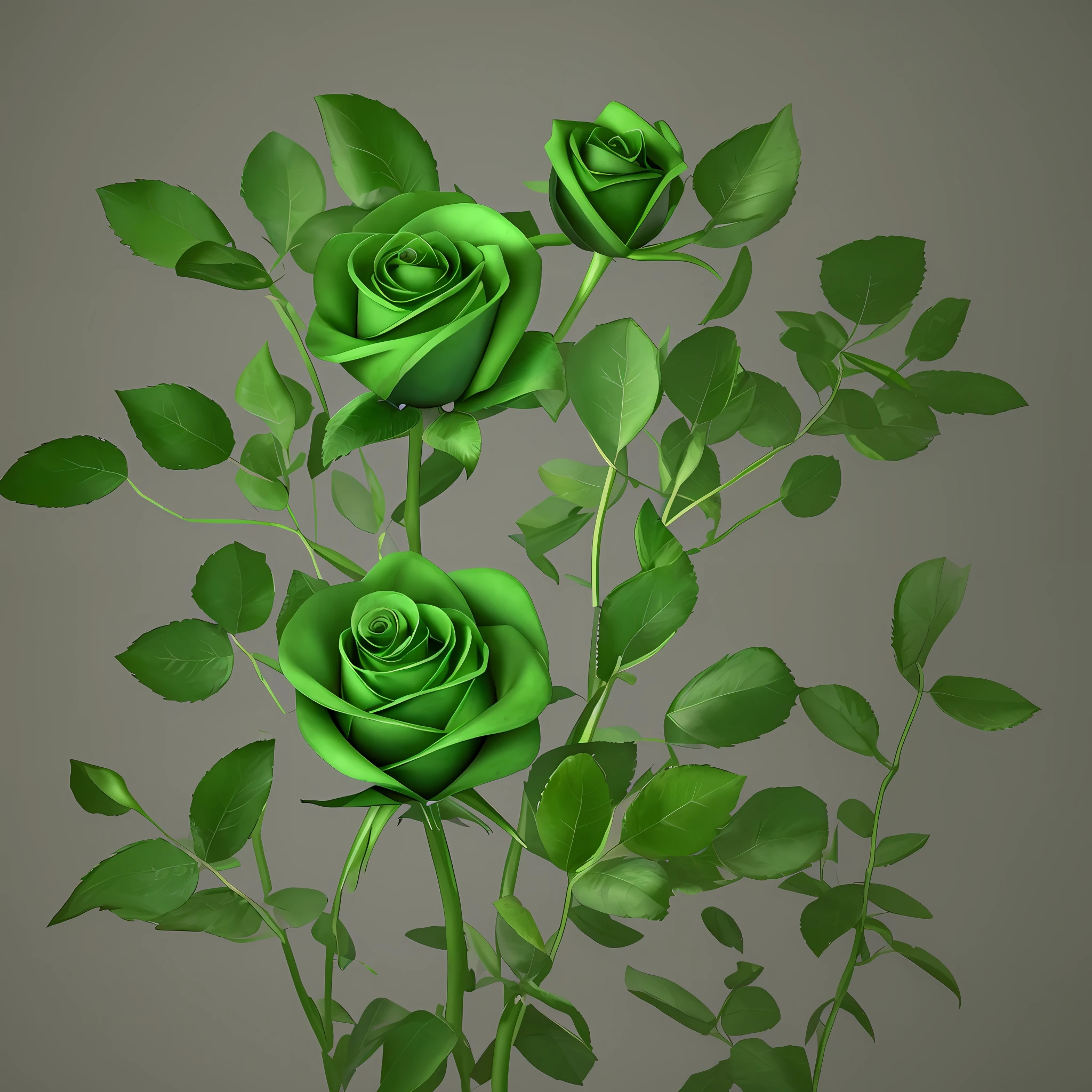 3 Green colored rose with leaf, 32k res, 3D dimension, super lighting, flower details, leaves dark green color