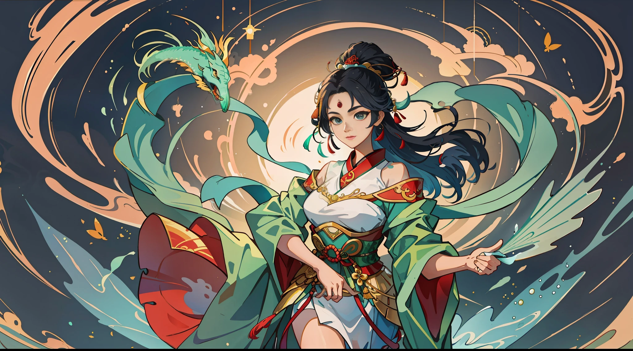 An ancient Chinese beauty goddess, the legendary ocean goddess Mazu, holding a green jade ruyi in her hand, wearing ancient Chinese clothing, flowing tulle, light silk, fishing boat on the sea, four sea dragon kings behind her, ink painting style, clean colors, decisive cutting, white space, freehand, masterpiece, super detailed, epic composition, high quality, highest quality, 4k --v 6