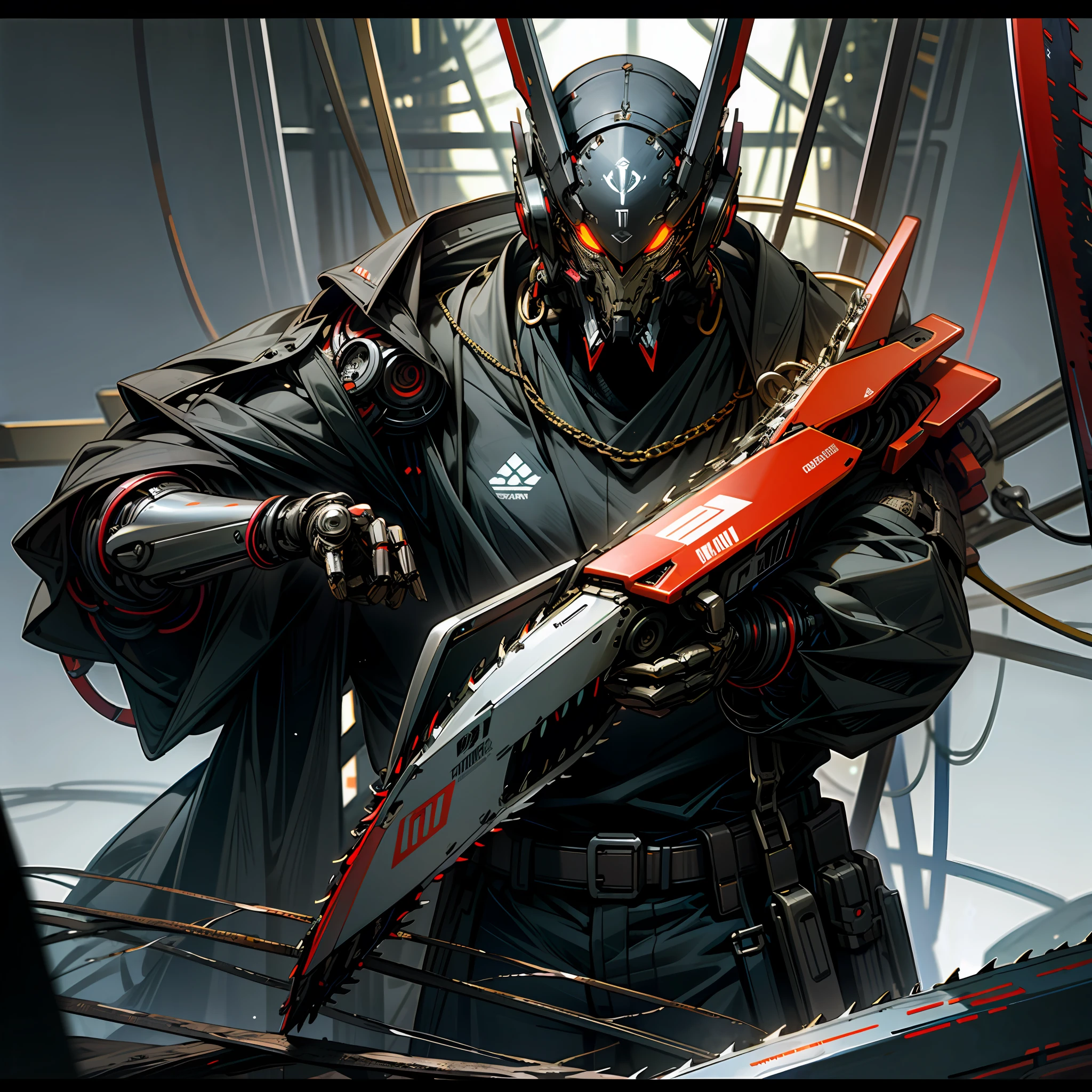 Dark_Fantasy,Cyberpunk,(chain saw,chain saw man,Red:1.1),1man,Mechanical marvel,Robotic presence,Cybernetic guardian,