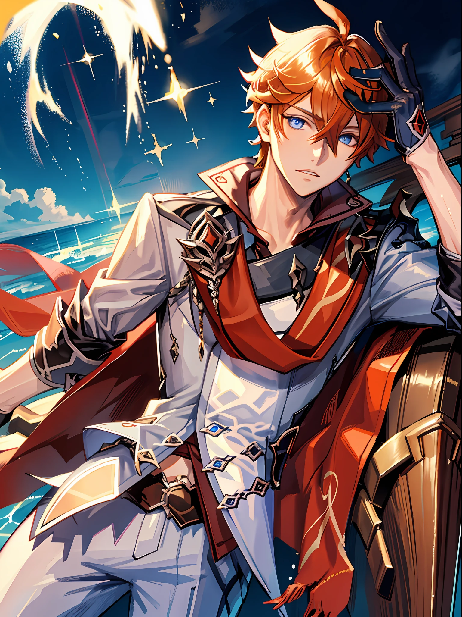Masterpiece, best quality, tartaglia (genshin impact), gloves, mask, male focus, 1boy, blue eyes, black gloves, solo, orange hair, bangs, water, jacket, hair between the eyes, jewelry, scarf,